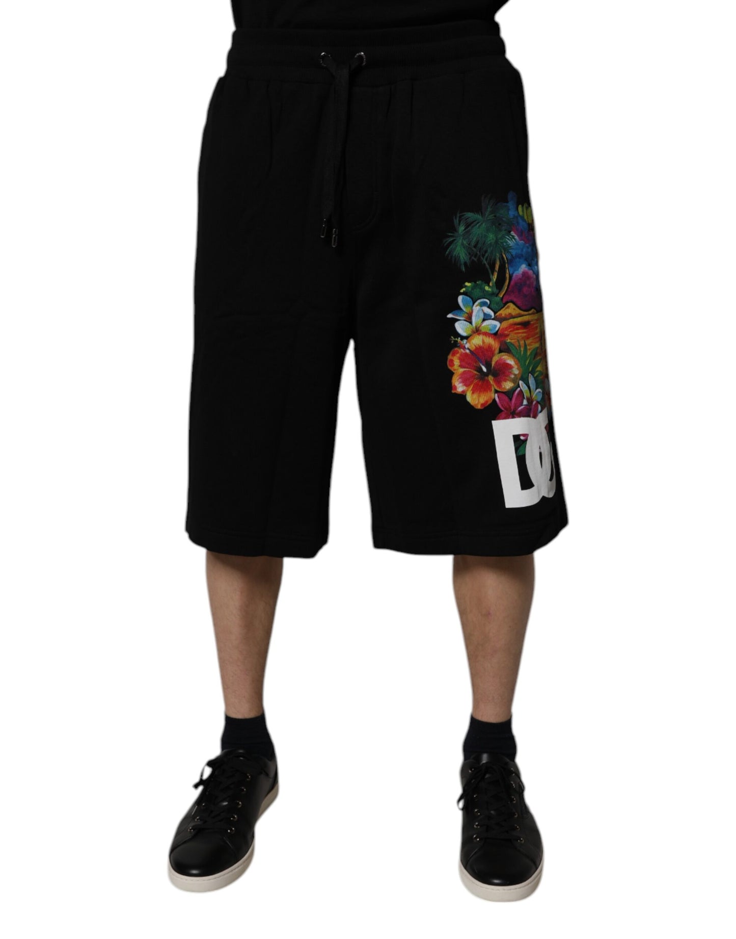 Dolce & Gabbana – Schwarze Bermudashorts aus Baumwolle mit Logo und Blumendruck
