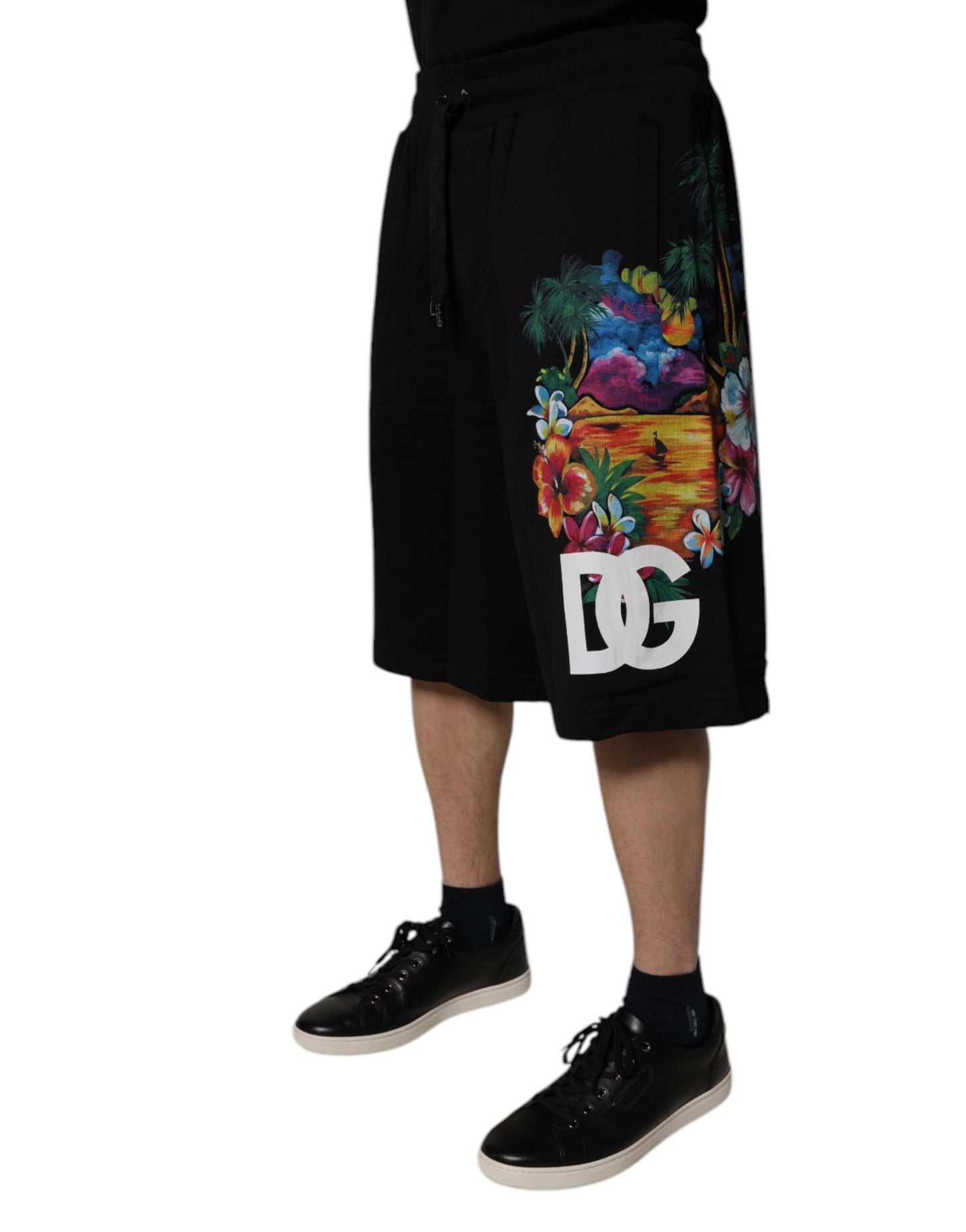 Dolce & Gabbana – Schwarze Bermudashorts aus Baumwolle mit Logo und Blumendruck