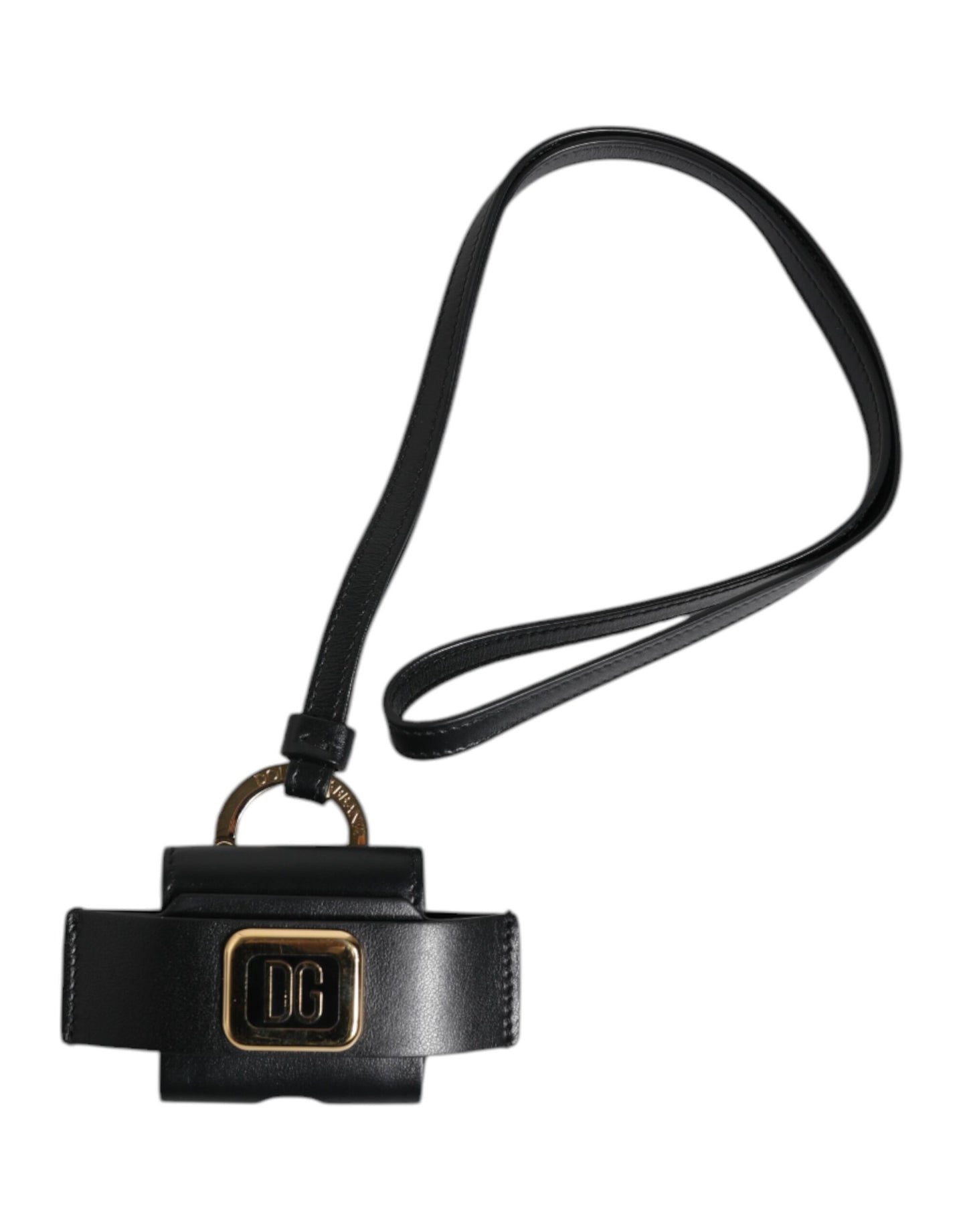 Dolce & Gabbana – Airpods-Hülle mit schwarzem Lederarmband und goldenem Metall-Logo