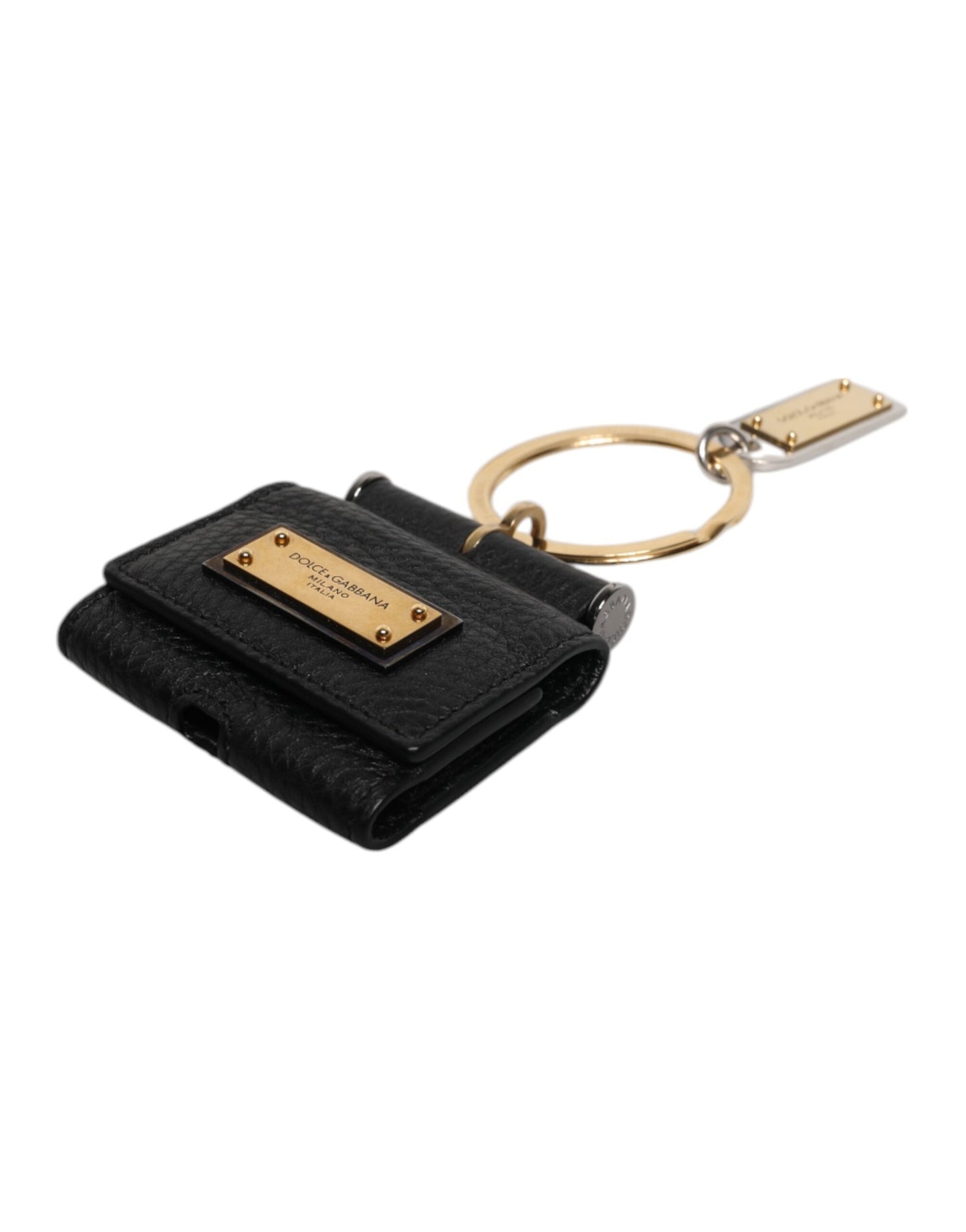Dolce & Gabbana – Airpods-Hülle mit schwarzem Lederarmband und goldenem Metall-Logo