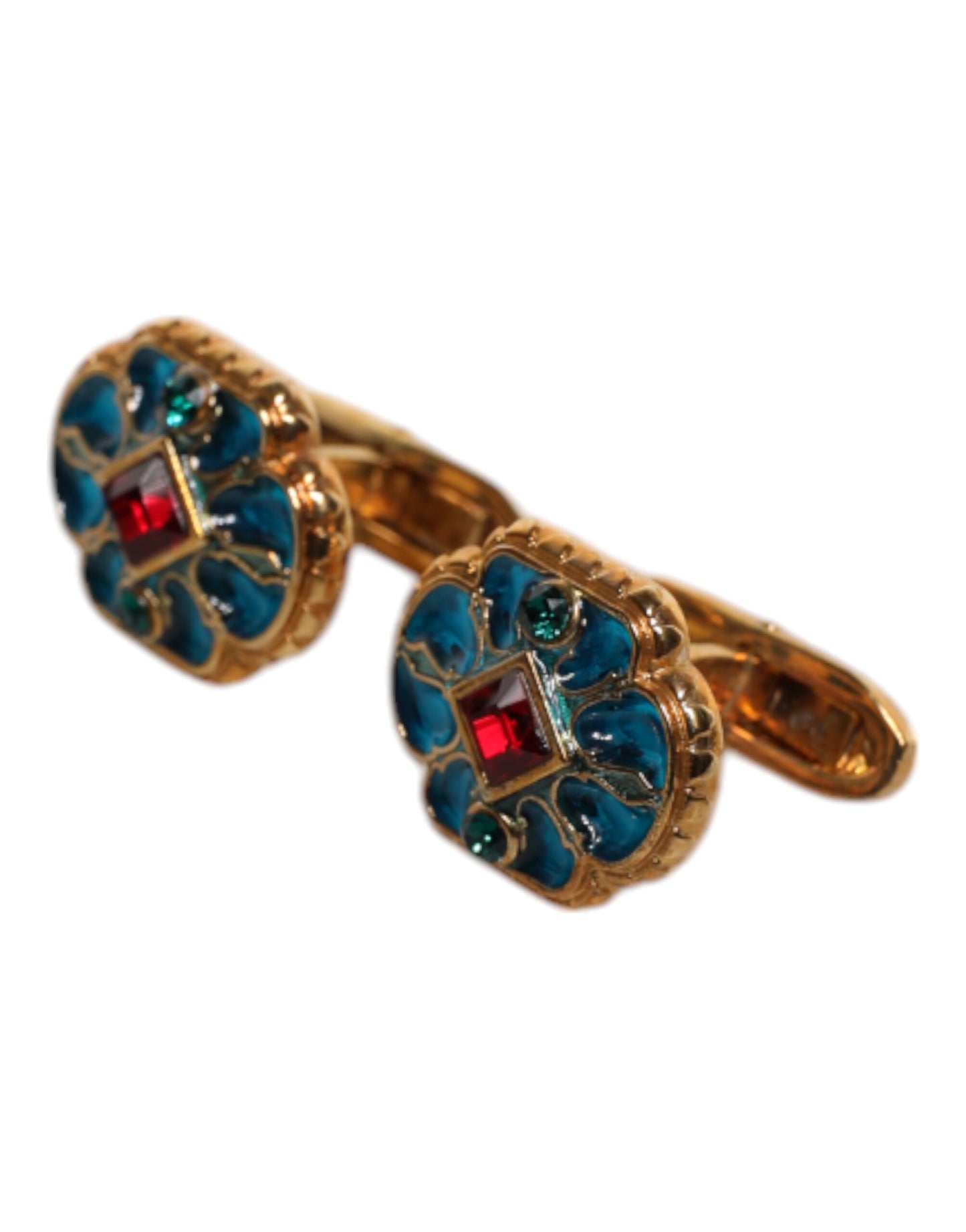 Dolce & Gabbana Manschettenknopf aus goldfarbenem Messing mit blau emaillierter Blume