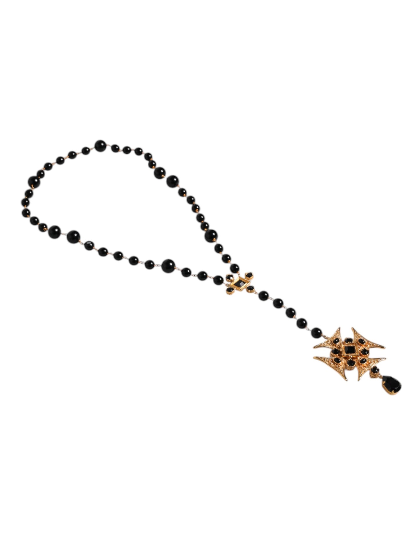 Dolce & Gabbana – Halskette mit Rosenkranzanhänger aus goldenem Messing und schwarzen Perlen