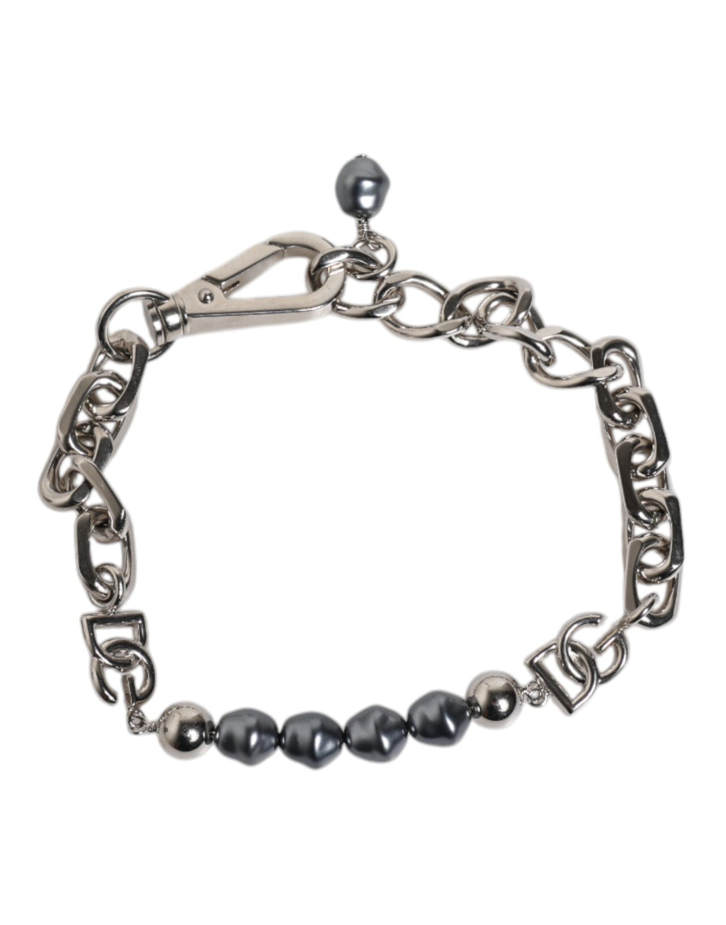Dolce & Gabbana Silberfarbenes Kettenarmband mit Karabinerverschluss und grauen Perlen