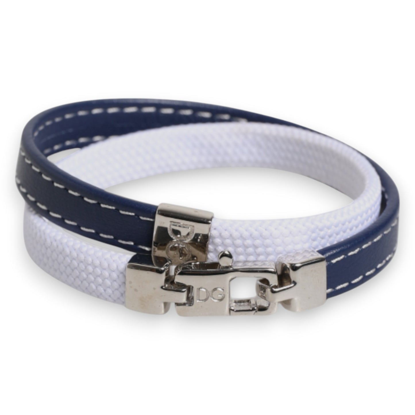 Dolce & Gabbana – Armband mit silberfarbenem Verschluss und blau-weißem Lederbesatz mit DG-Gravur