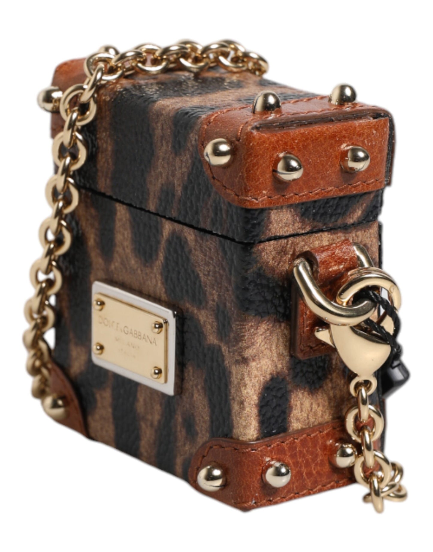 Dolce & Gabbana – Airpods-Hülle mit braunem Leoparden-Logo aus Metall und goldener Kette