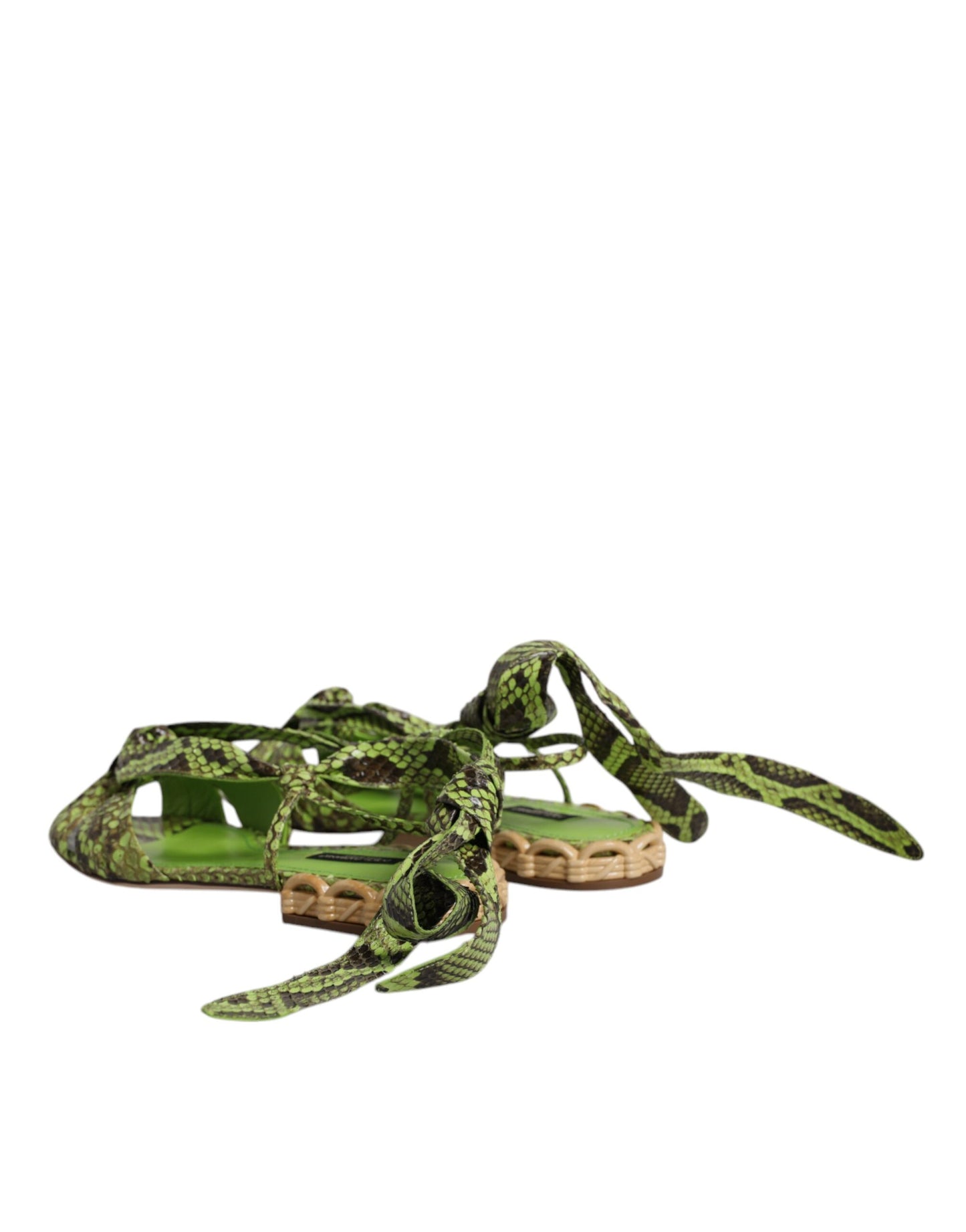 Dolce & Gabbana Grüne Sandalen mit Knöchelwickel und Tiermuster