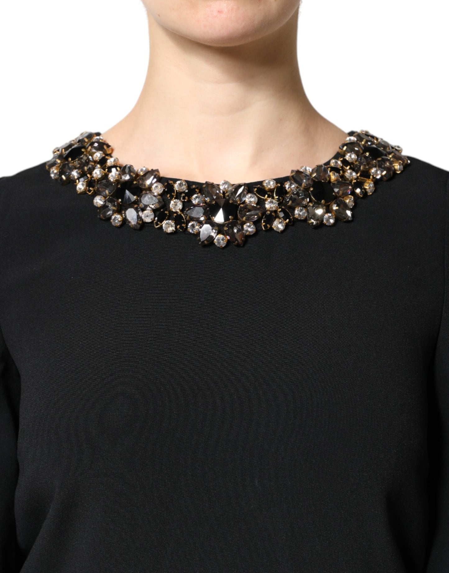 Dolce & Gabbana – Schwarzes Minikleid mit Rundhalsausschnitt und Kristallverzierung