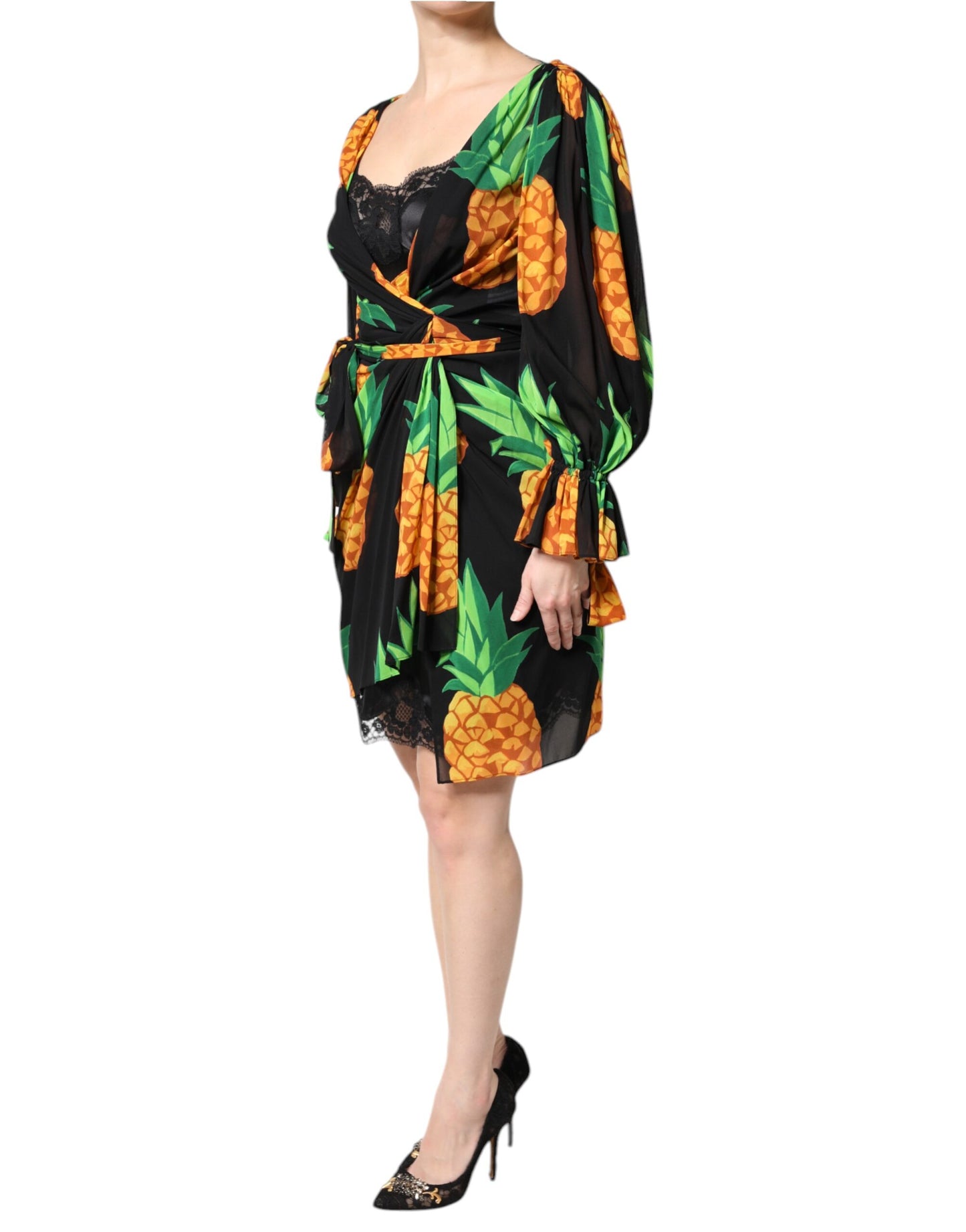 Dolce & Gabbana Schwarzes Wickelkleid aus Seide mit Ananas-Drapierung