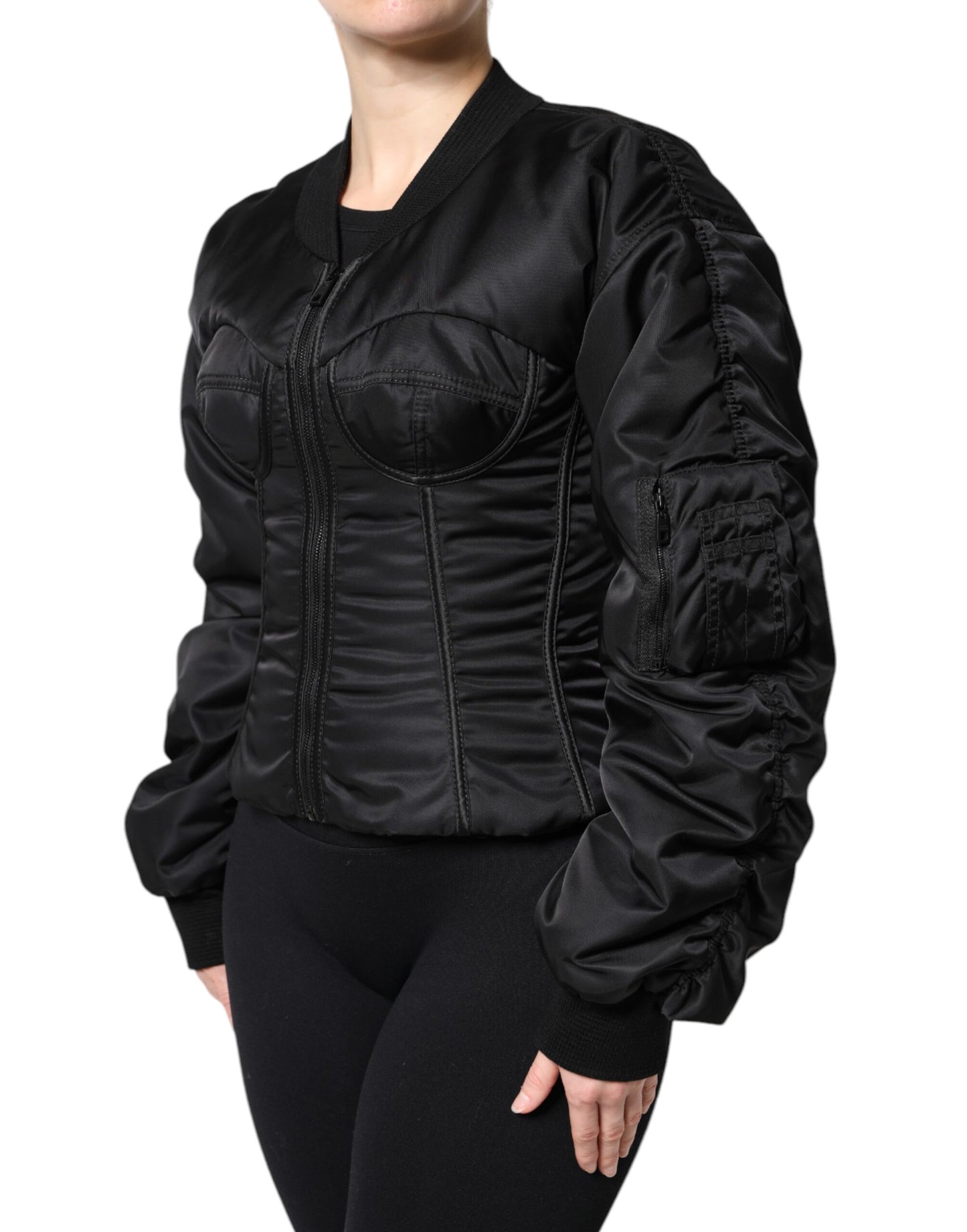 Dolce & Gabbana – Schwarze Nylon-Bustier-Kordeljacke mit durchgehendem Reißverschluss