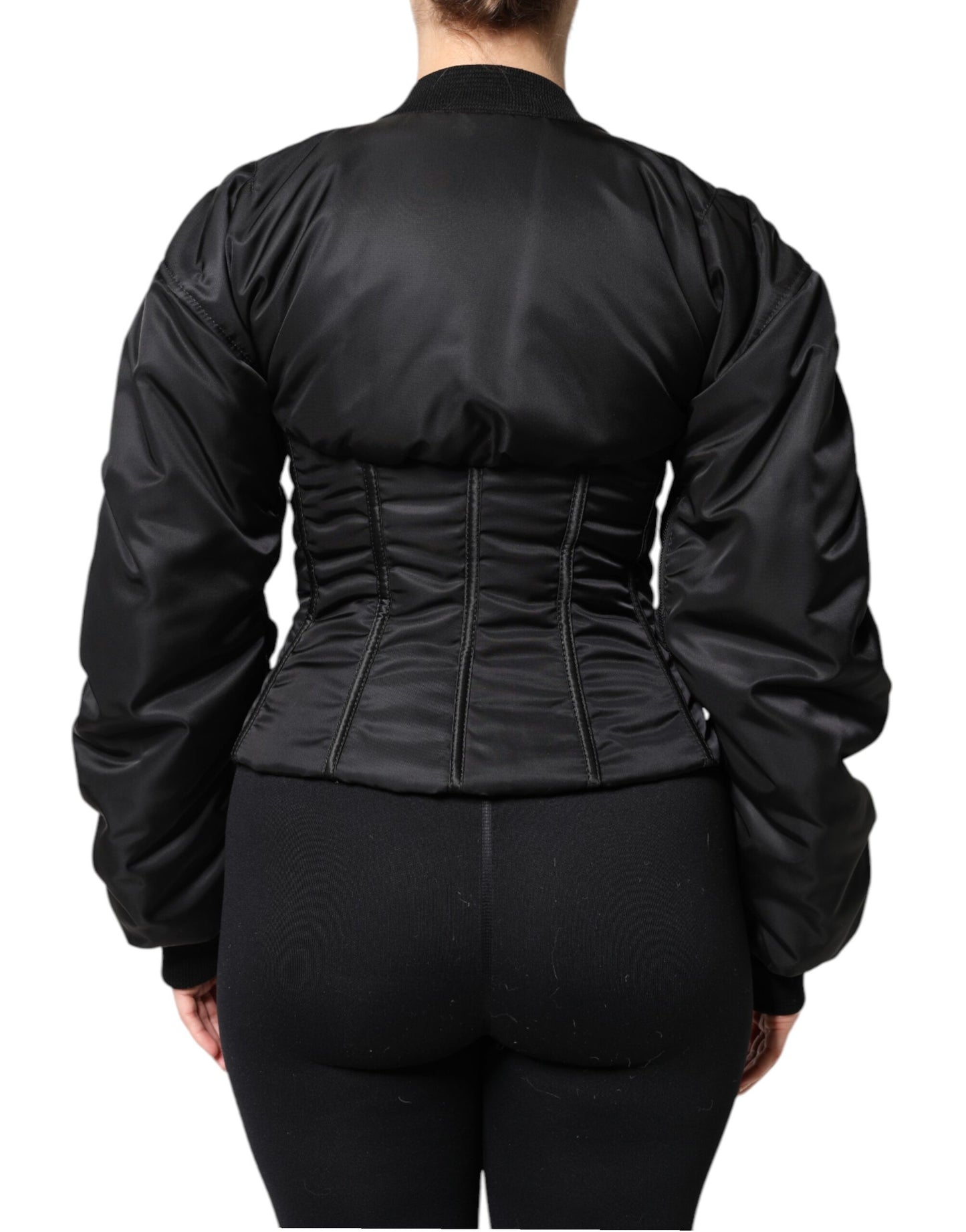 Dolce & Gabbana – Schwarze Nylon-Bustier-Kordeljacke mit durchgehendem Reißverschluss