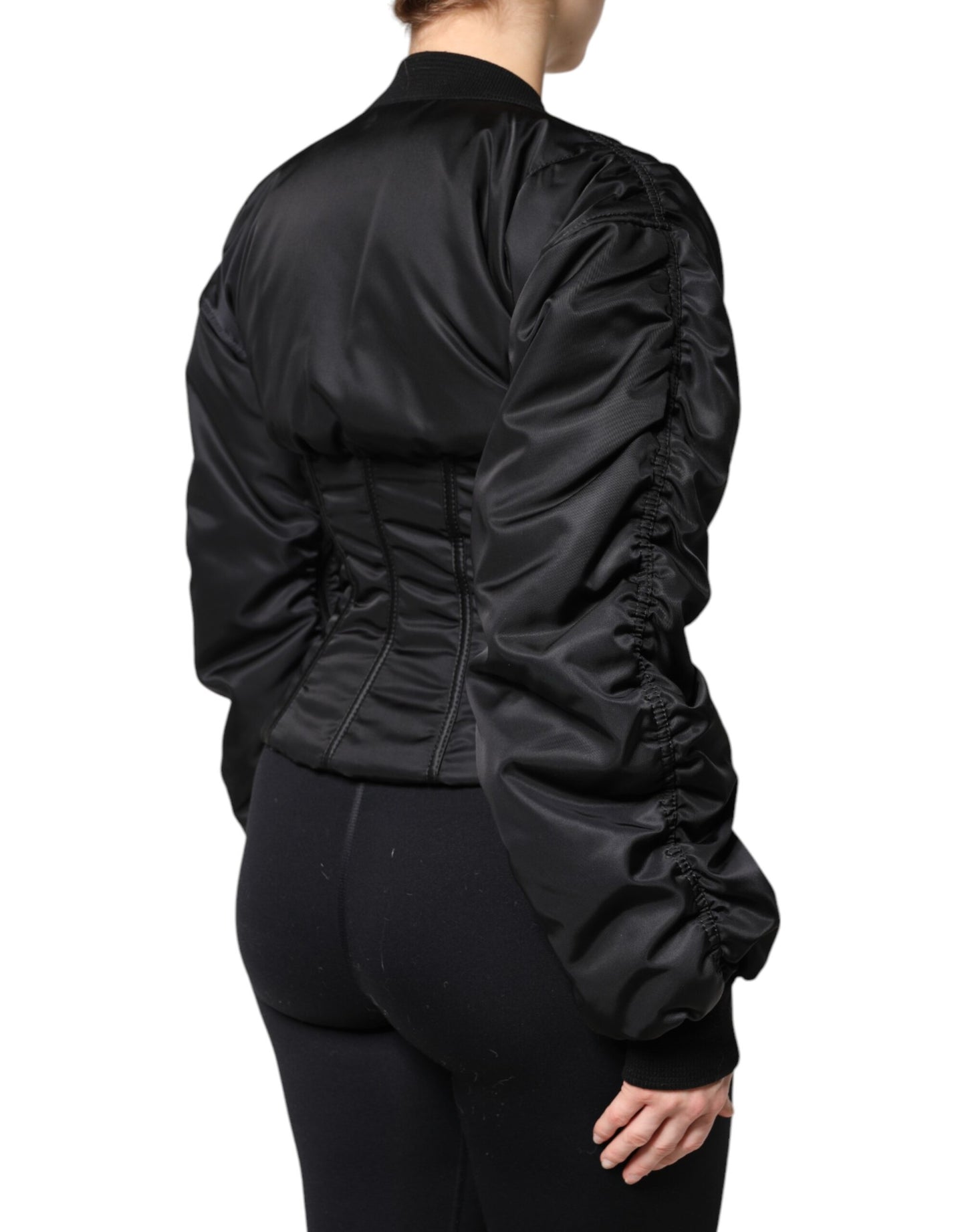 Dolce & Gabbana – Schwarze Nylon-Bustier-Kordeljacke mit durchgehendem Reißverschluss