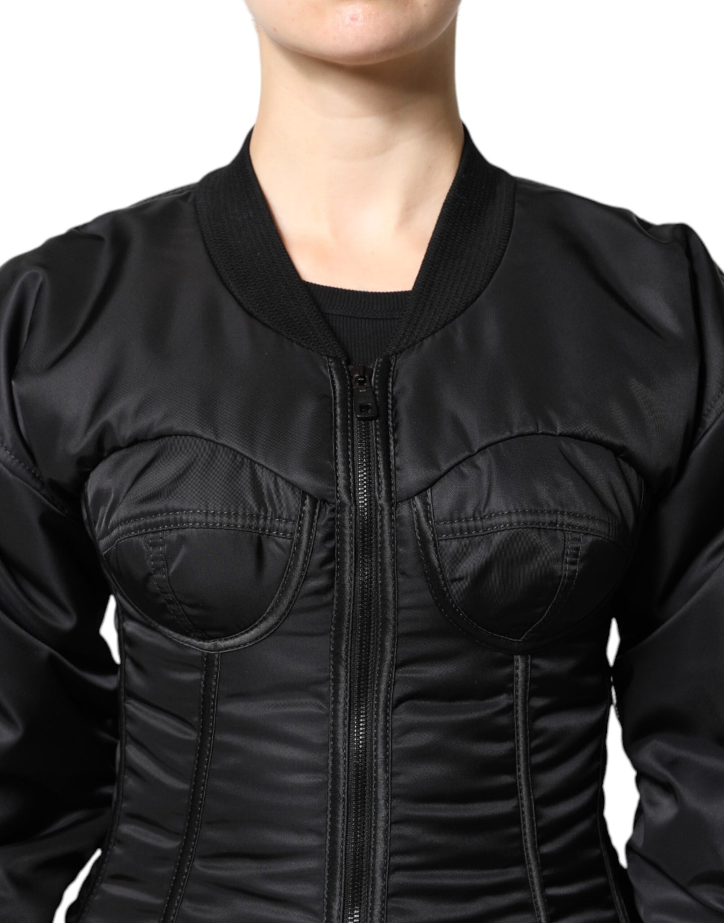 Dolce & Gabbana – Schwarze Nylon-Bustier-Kordeljacke mit durchgehendem Reißverschluss