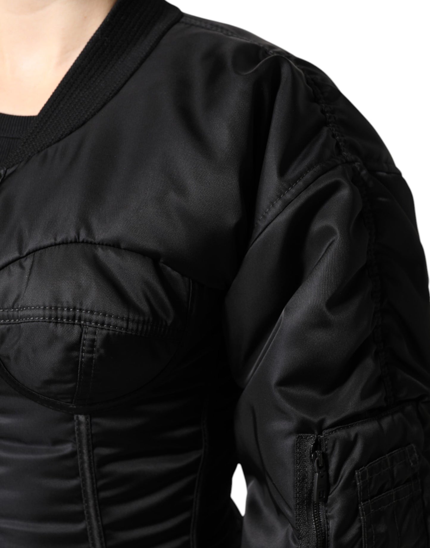 Dolce & Gabbana – Schwarze Nylon-Bustier-Kordeljacke mit durchgehendem Reißverschluss