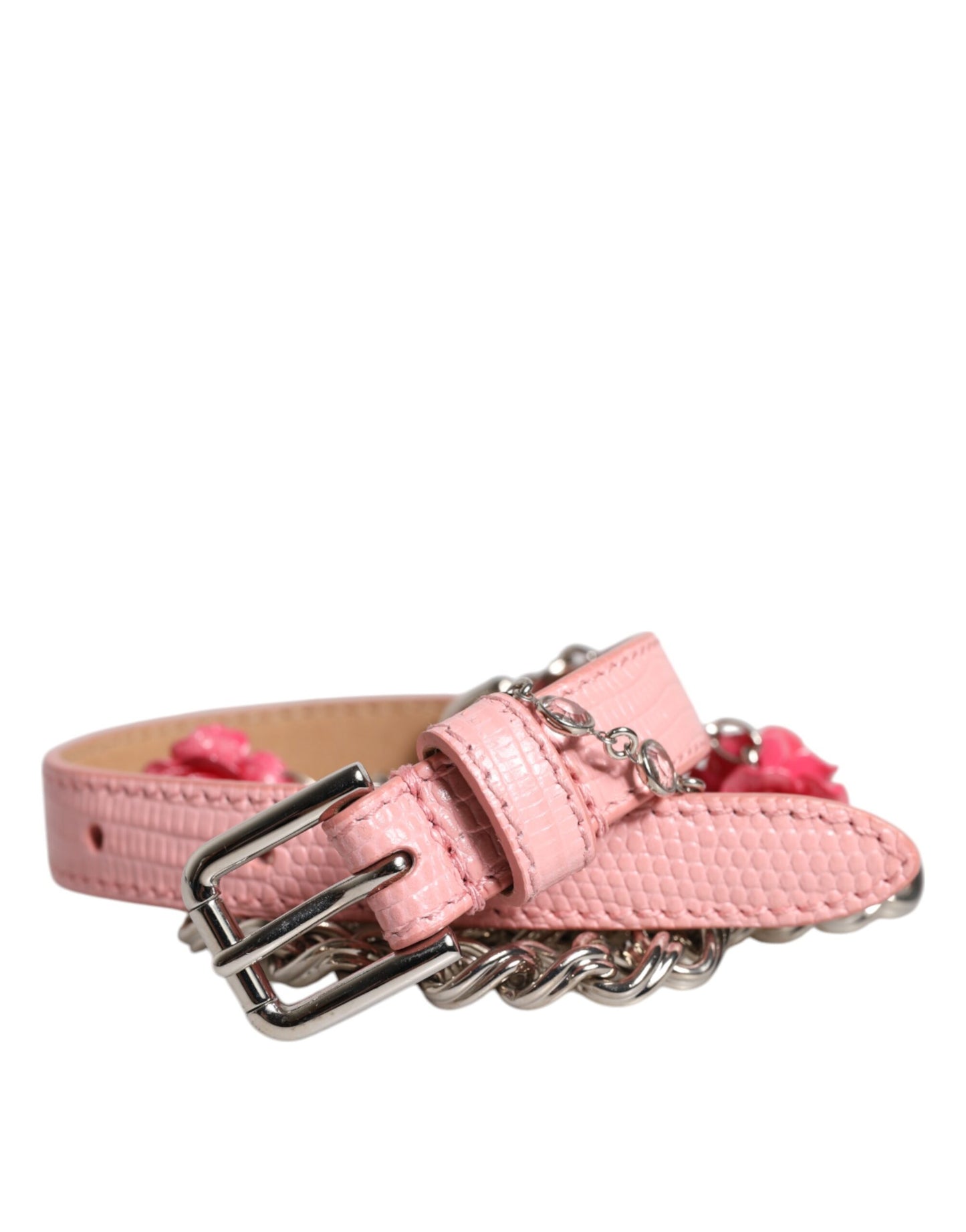 Dolce & Gabbana – Strukturierter Ledergürtel mit Rosenverzierung in Rosa