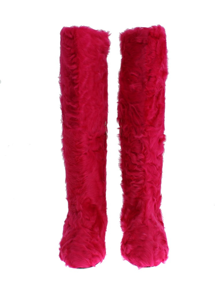 Dolce & Gabbana, Rosa, flache Stiefel aus Lammfellleder