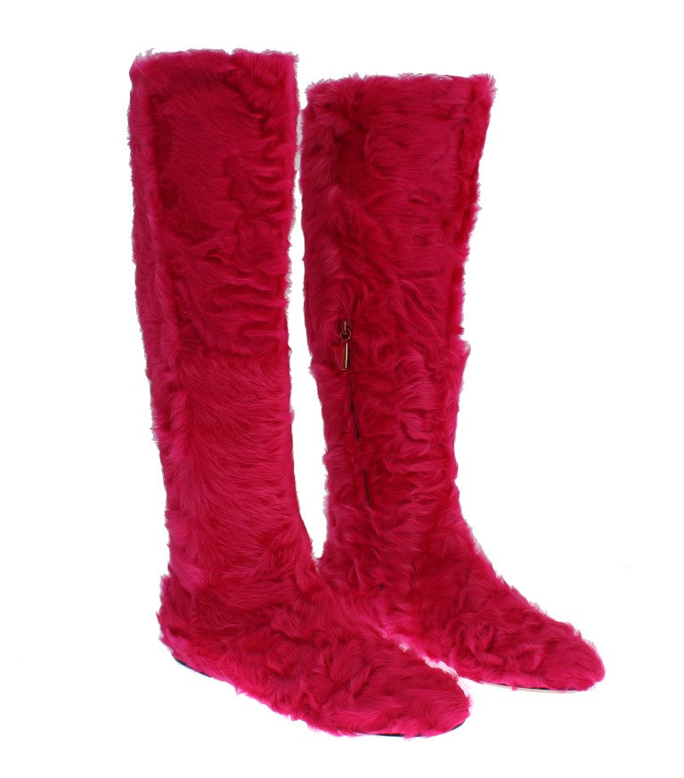 Dolce & Gabbana, Rosa, flache Stiefel aus Lammfellleder