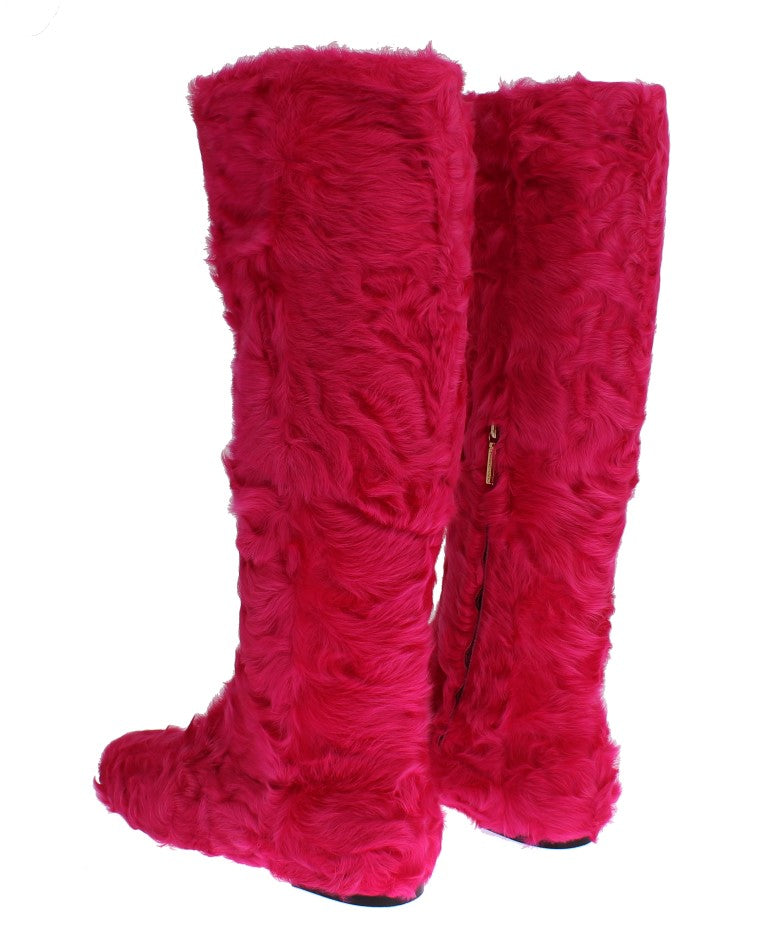 Dolce & Gabbana, Rosa, flache Stiefel aus Lammfellleder