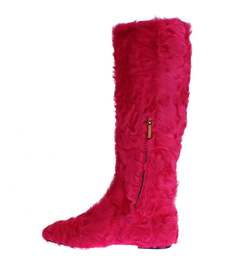 Dolce & Gabbana, Rosa, flache Stiefel aus Lammfellleder
