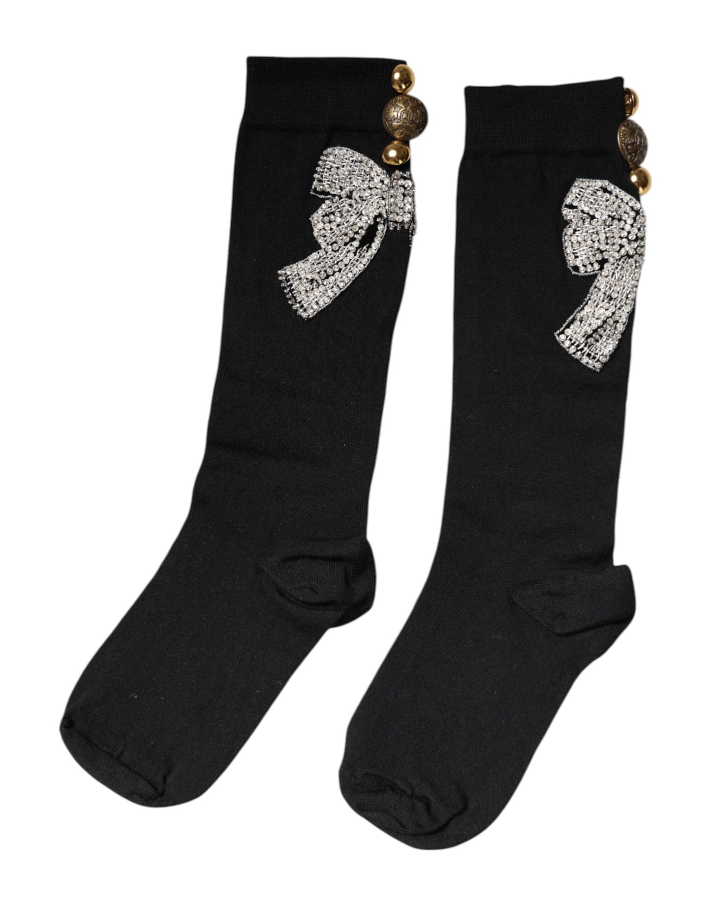 Dolce & Gabbana – Schwarze Stricksocken mit Blumen- und Kristallverzierung