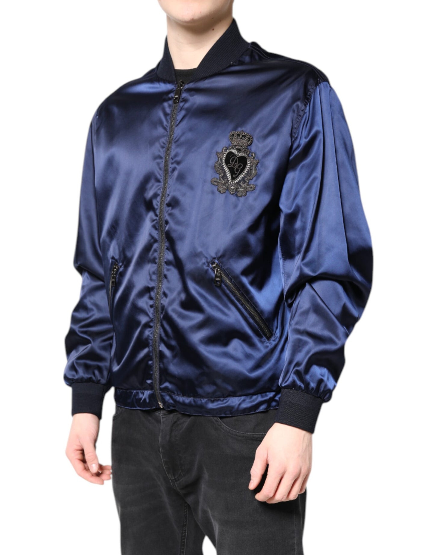 Dolce & Gabbana – Blaue Nylon-Bomberjacke „DG Crown“ mit durchgehendem Reißverschluss