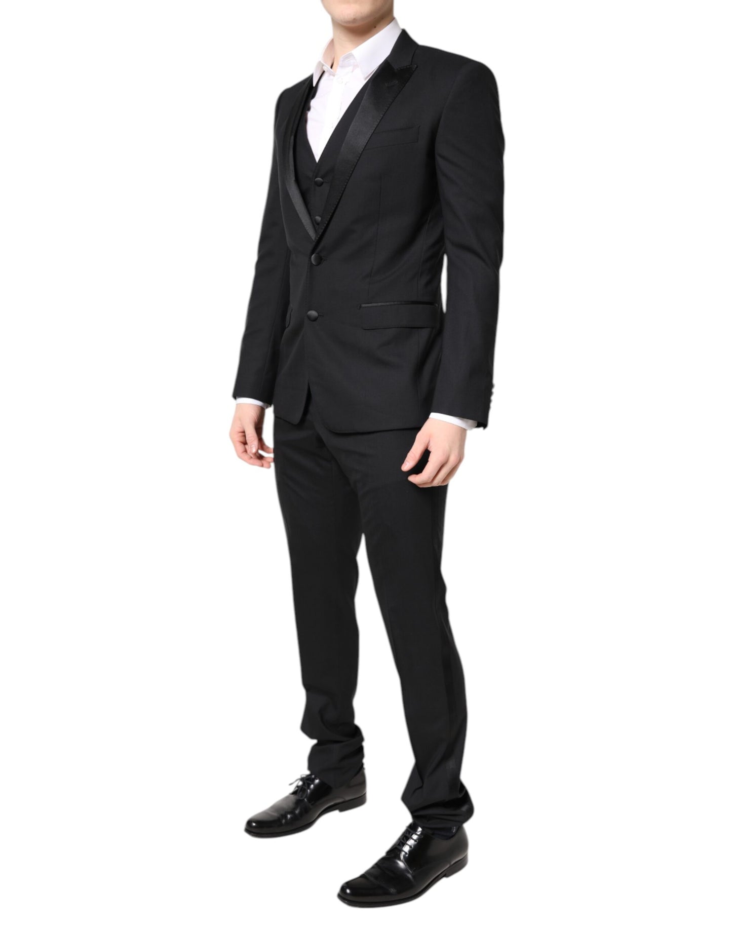 Dolce & Gabbana – Schwarzer, einreihiger 3-teiliger Anzug aus Wolle