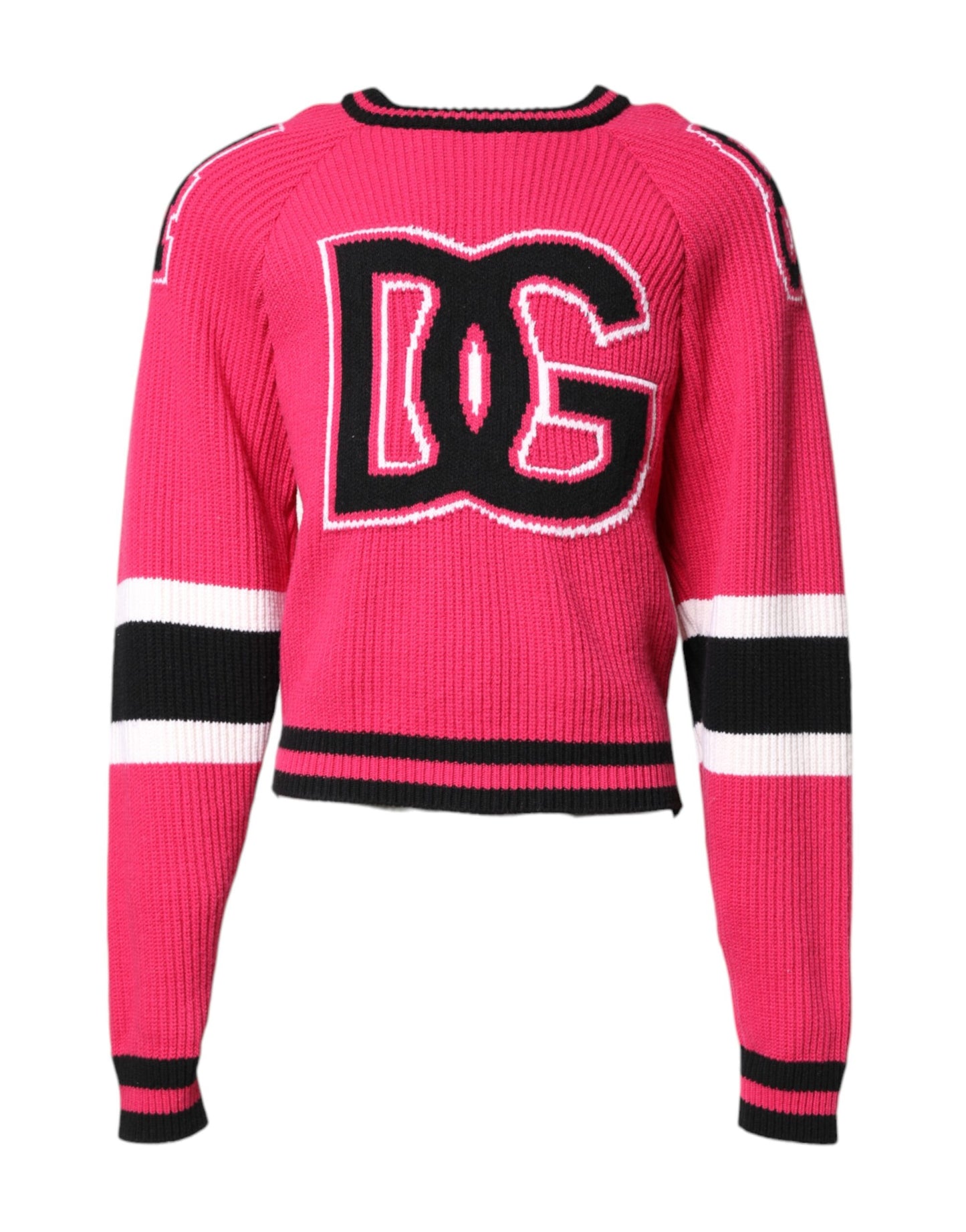 Dolce & Gabbana, Rosafarbener Strickpullover aus Baumwolle mit Logo-Print