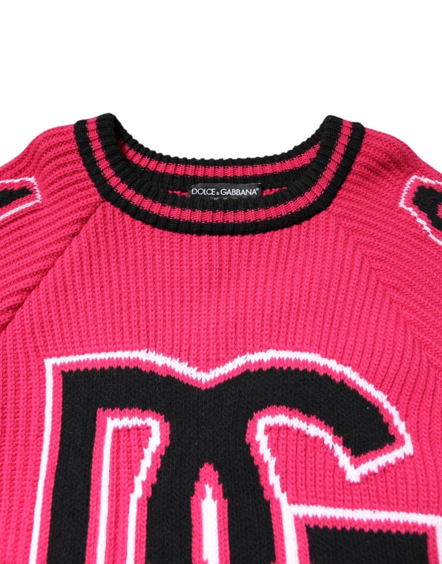 Dolce & Gabbana, Rosafarbener Strickpullover aus Baumwolle mit Logo-Print