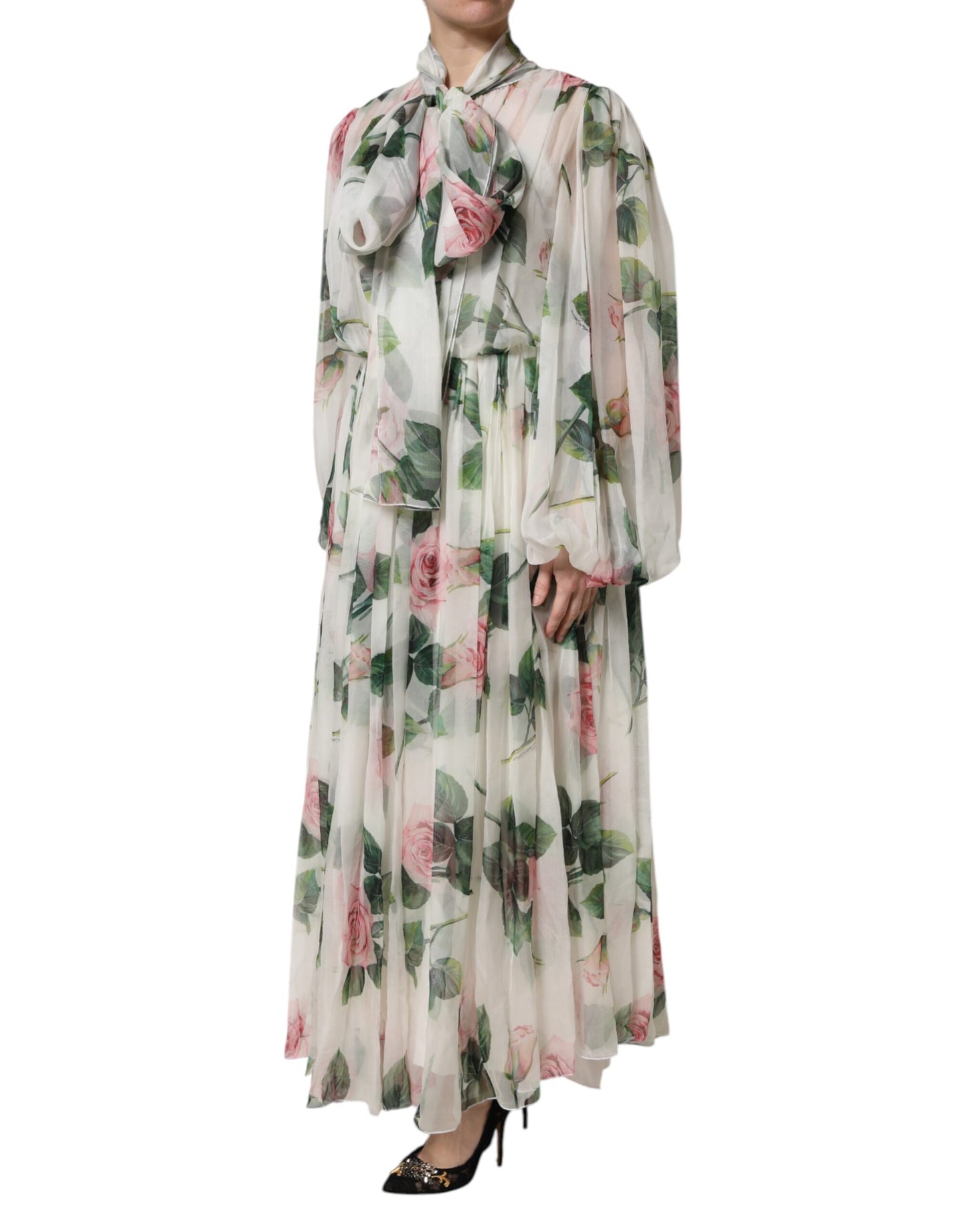 Dolce & Gabbana – Langes Maxikleid mit Blumenmuster und Rosen in Weiß