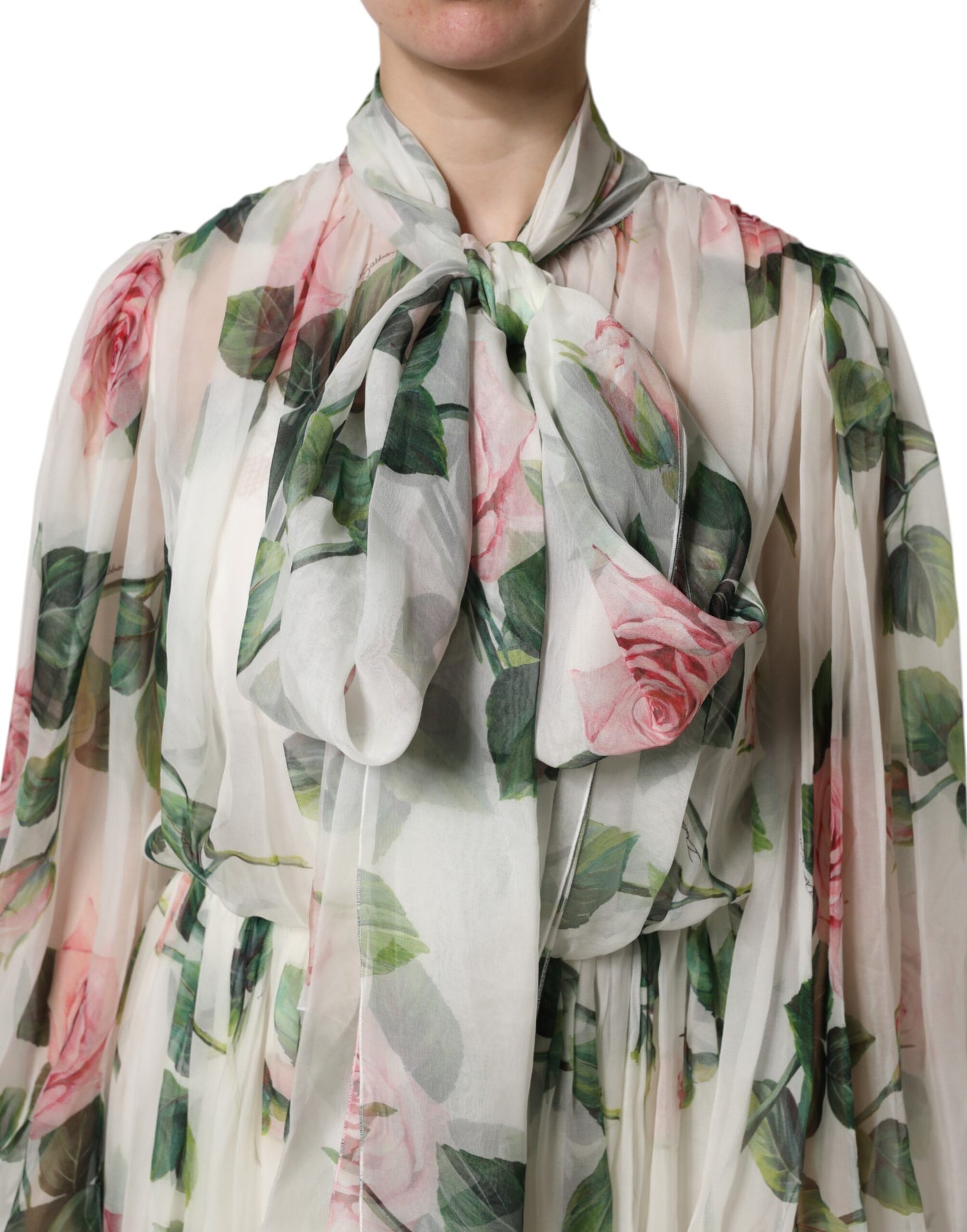 Dolce & Gabbana – Langes Maxikleid mit Blumenmuster und Rosen in Weiß