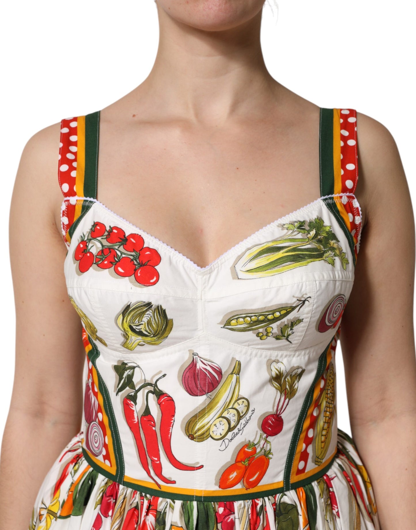 Dolce & Gabbana Weißes ärmelloses A-Linien-Kleid mit Gemüse