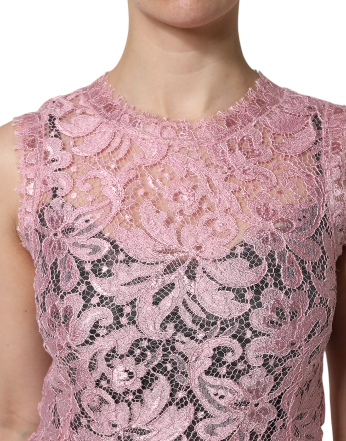 Dolce & Gabbana – Ärmelloses Etuikleid aus rosa Blumenspitze