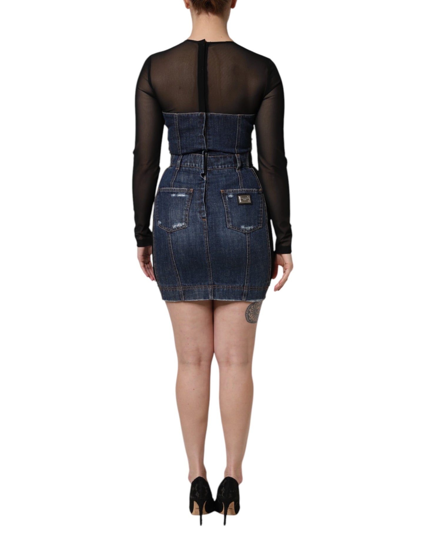 Dolce & Gabbana – Schwarz-blaues, langärmliges Jeans-Minikleid