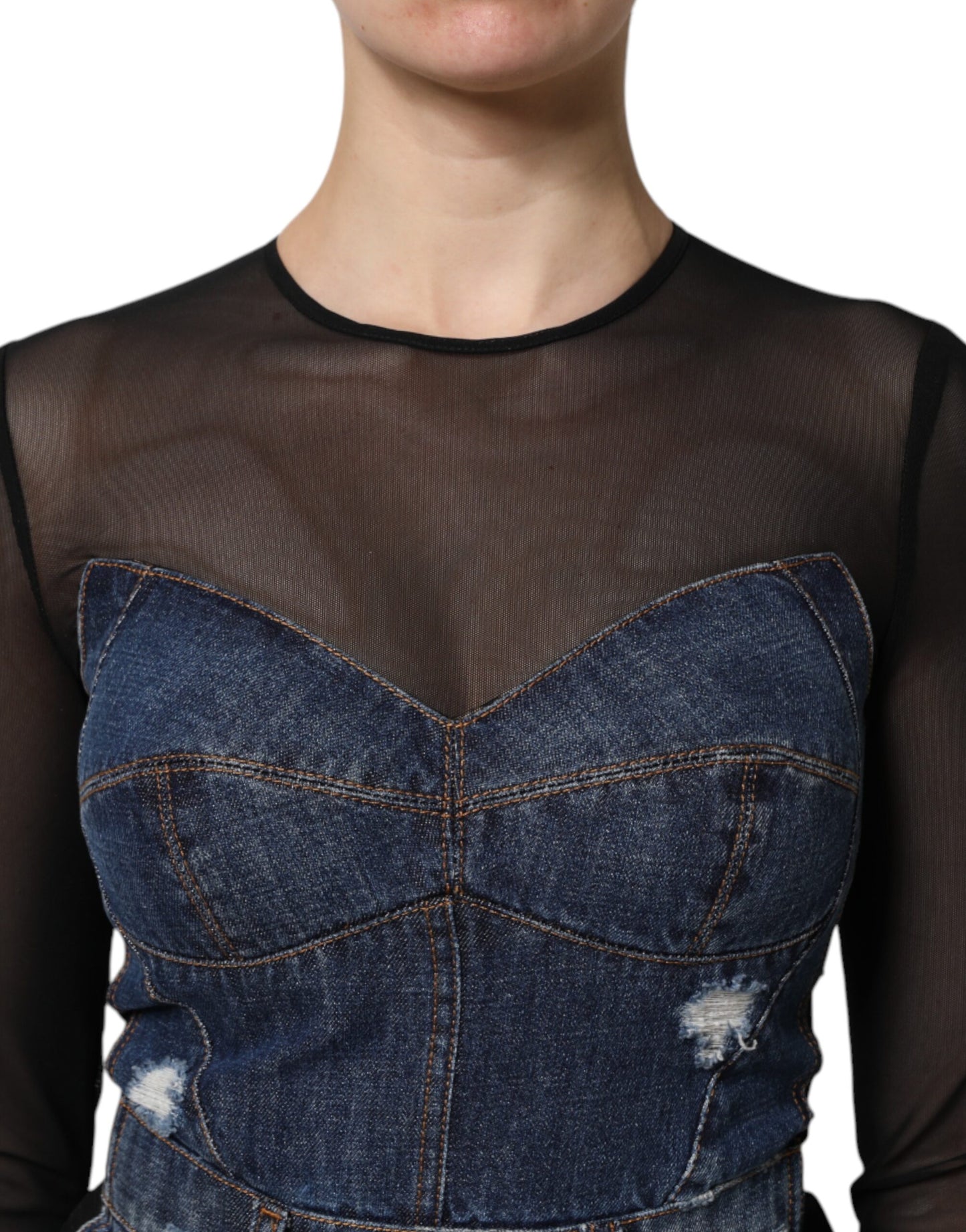 Dolce & Gabbana – Schwarz-blaues, langärmliges Jeans-Minikleid