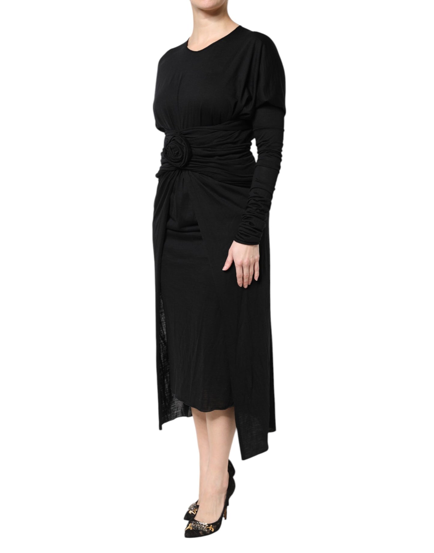 Dolce & Gabbana – Schwarzes, langärmliges Etui-Midikleid aus Wolle