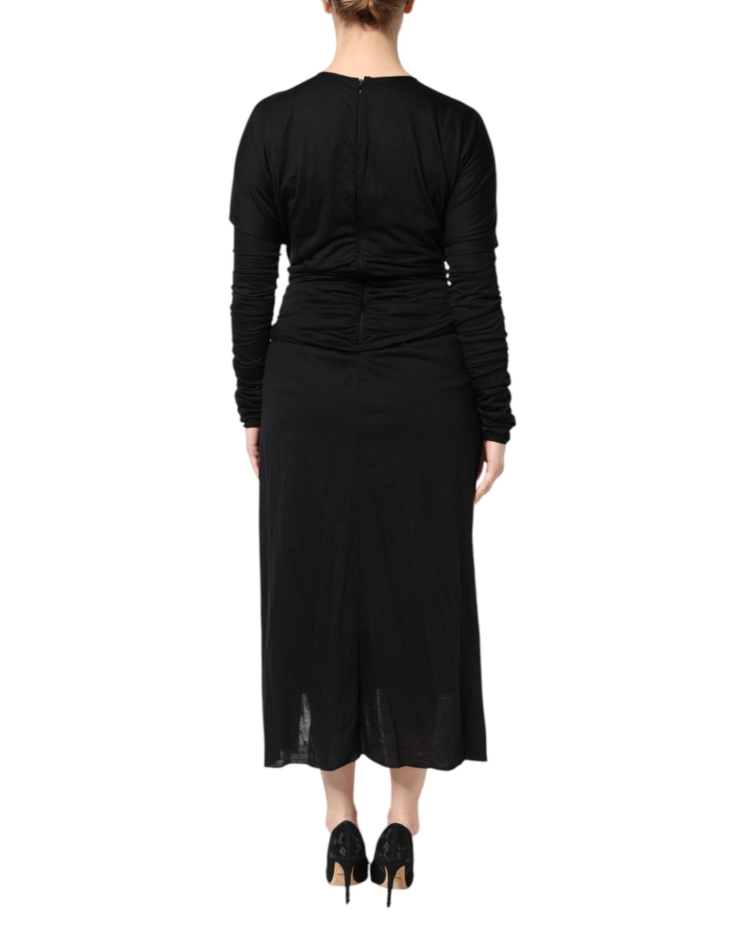 Dolce & Gabbana – Schwarzes, langärmliges Etui-Midikleid aus Wolle