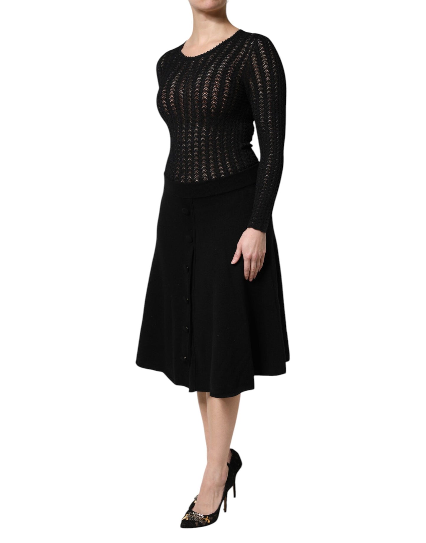 Dolce & Gabbana – Schwarzes, langärmliges A-Linien-Midikleid aus Kaschmir