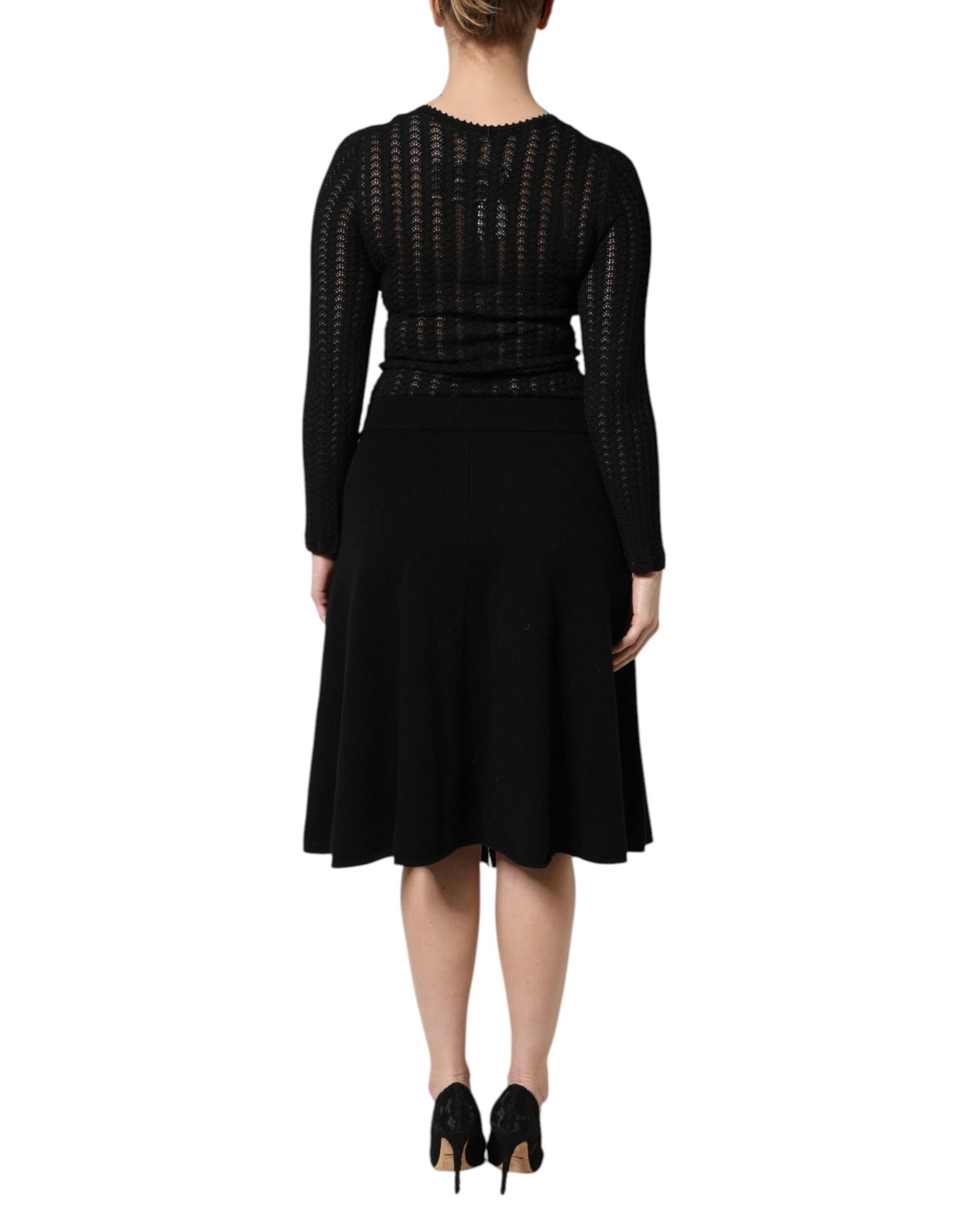 Dolce & Gabbana – Schwarzes, langärmliges A-Linien-Midikleid aus Kaschmir
