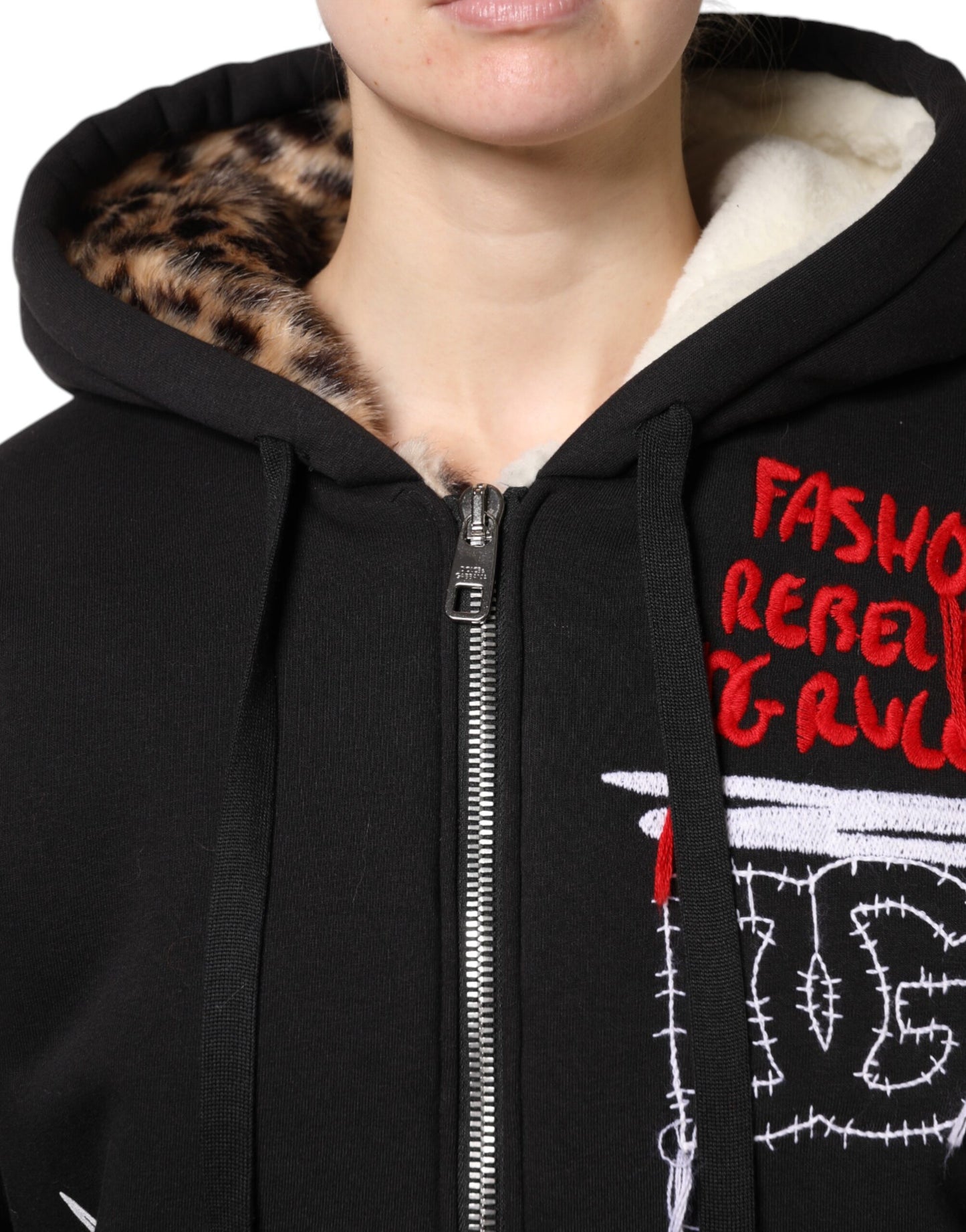Dolce & Gabbana – Schwarze, bestickte Kapuzenjacke mit durchgehendem Reißverschluss