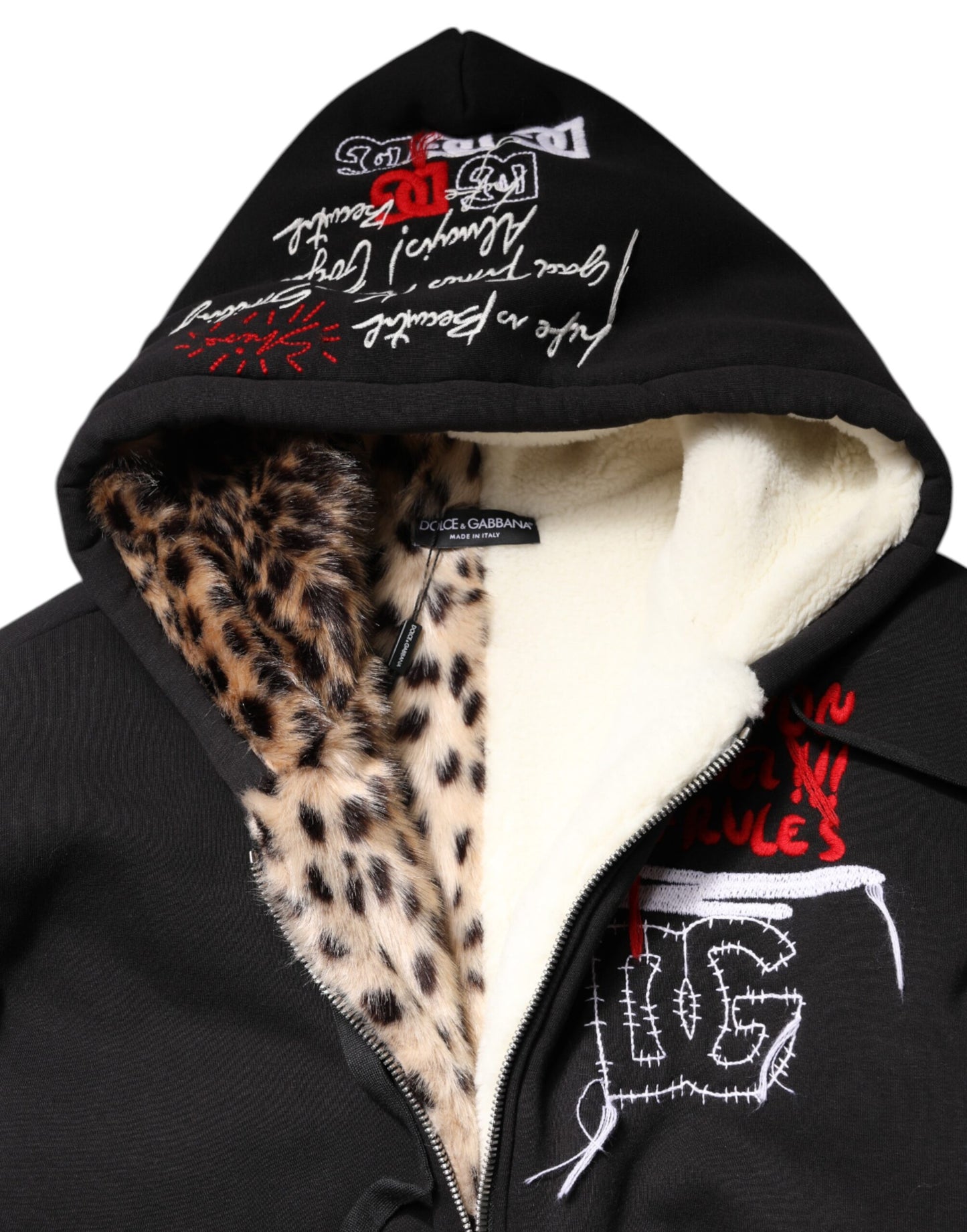 Dolce & Gabbana – Schwarze, bestickte Kapuzenjacke mit durchgehendem Reißverschluss
