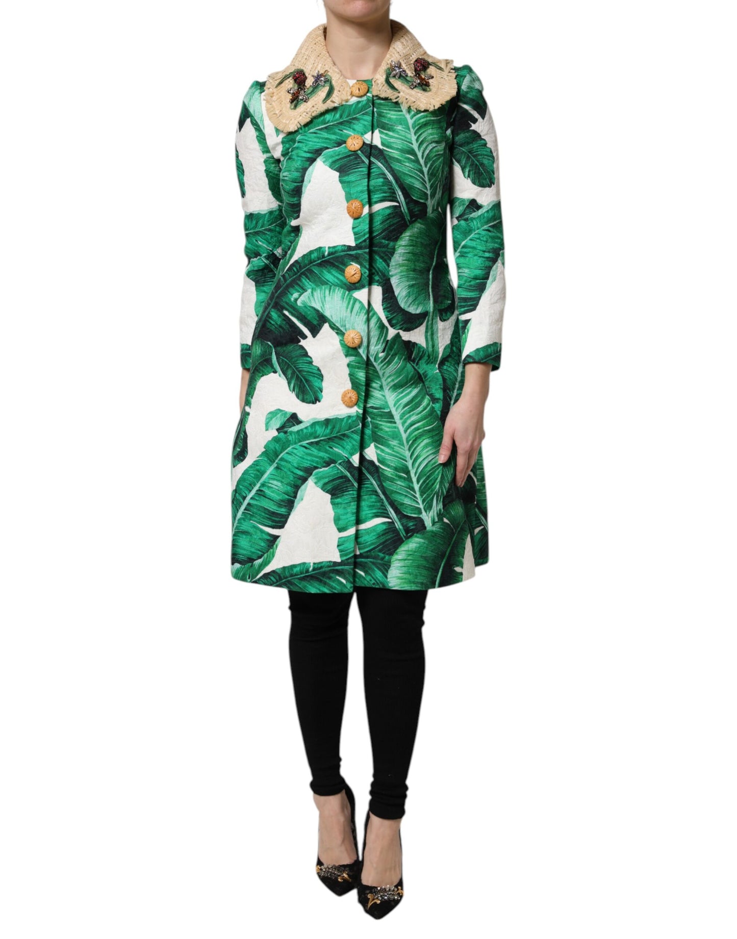 Dolce & Gabbana – Trenchcoat-Jacke mit mehrfarbigem Blattdruck und Verzierung