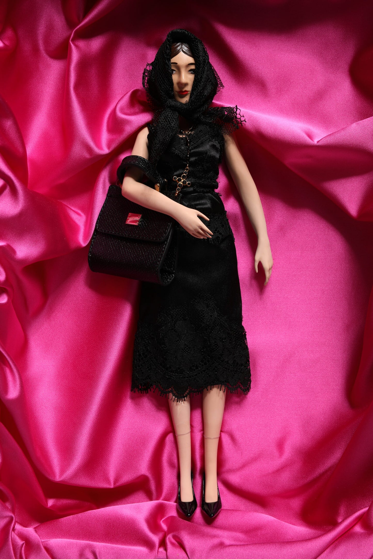 Dolce & Gabbana Schwarzes Kleid Keramik Porzellan Mode Leder Sicily Dolls