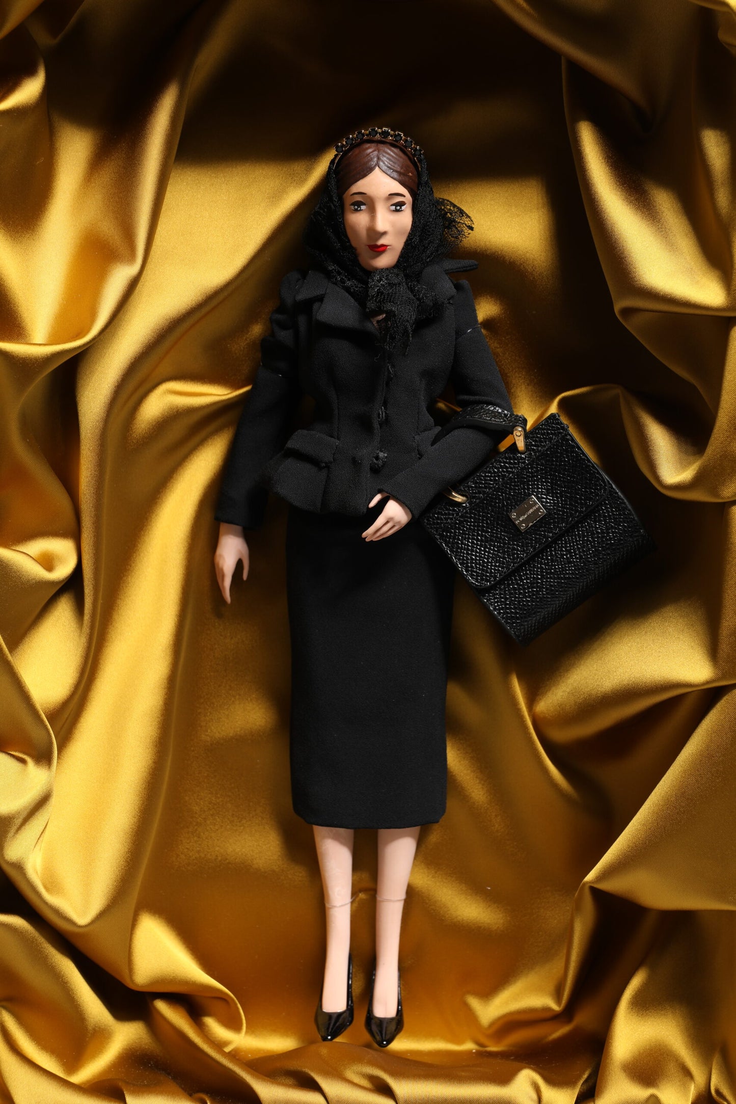 Dolce & Gabbana Schwarzes Kleid Keramik Porzellan Mode Leder Sicily Dolls