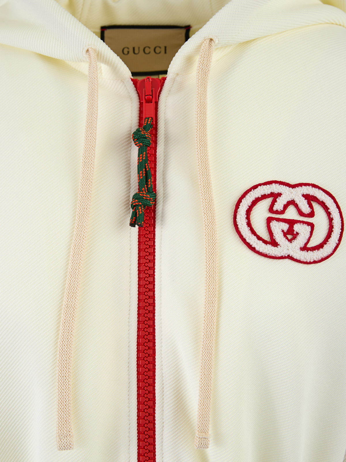 Cremefarbener Trainingsanzug aus Polyester mit Kapuze und Logo von Gucci