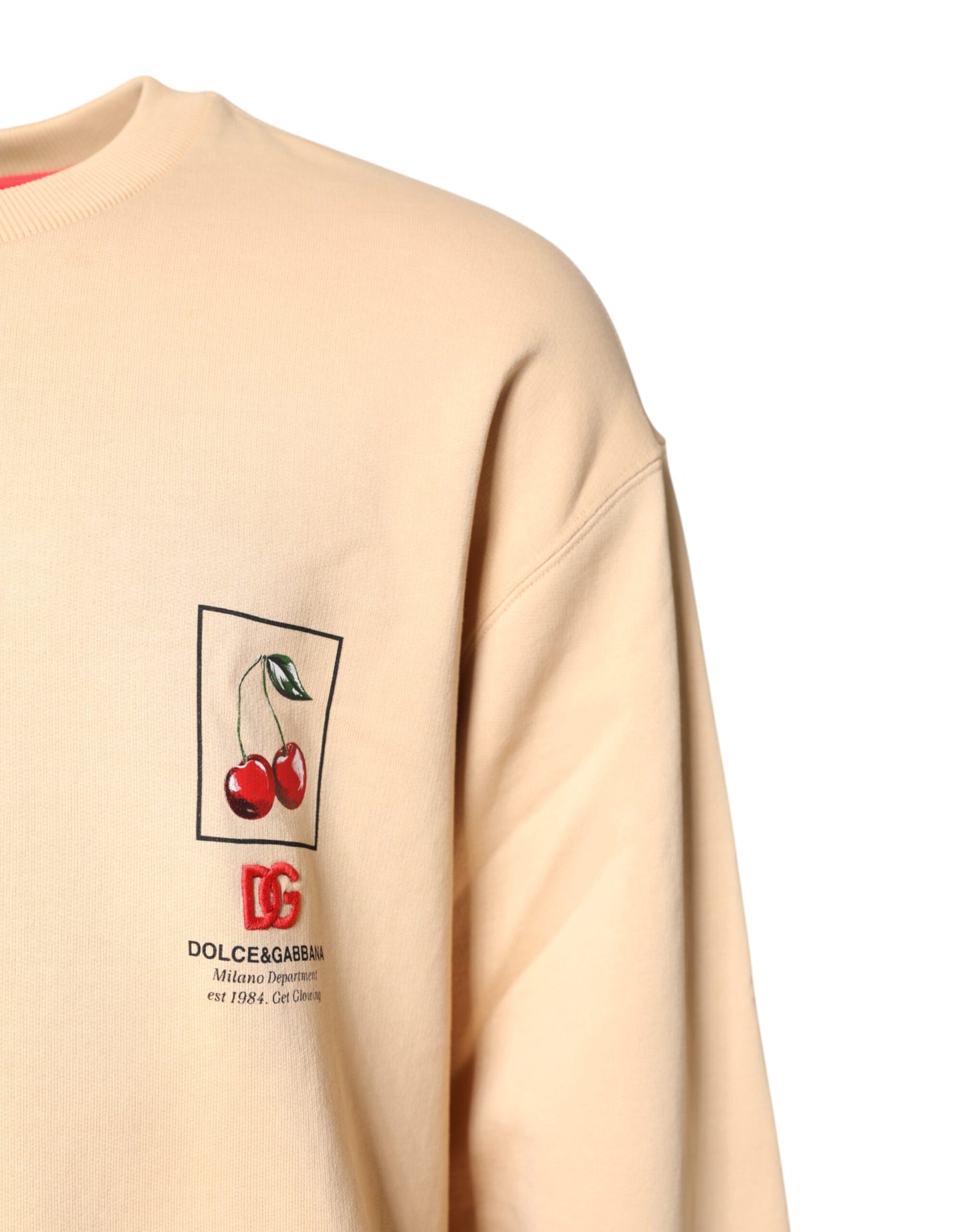 Dolce & Gabbana Beige Pullover mit Rundhalsausschnitt und Kirschmuster