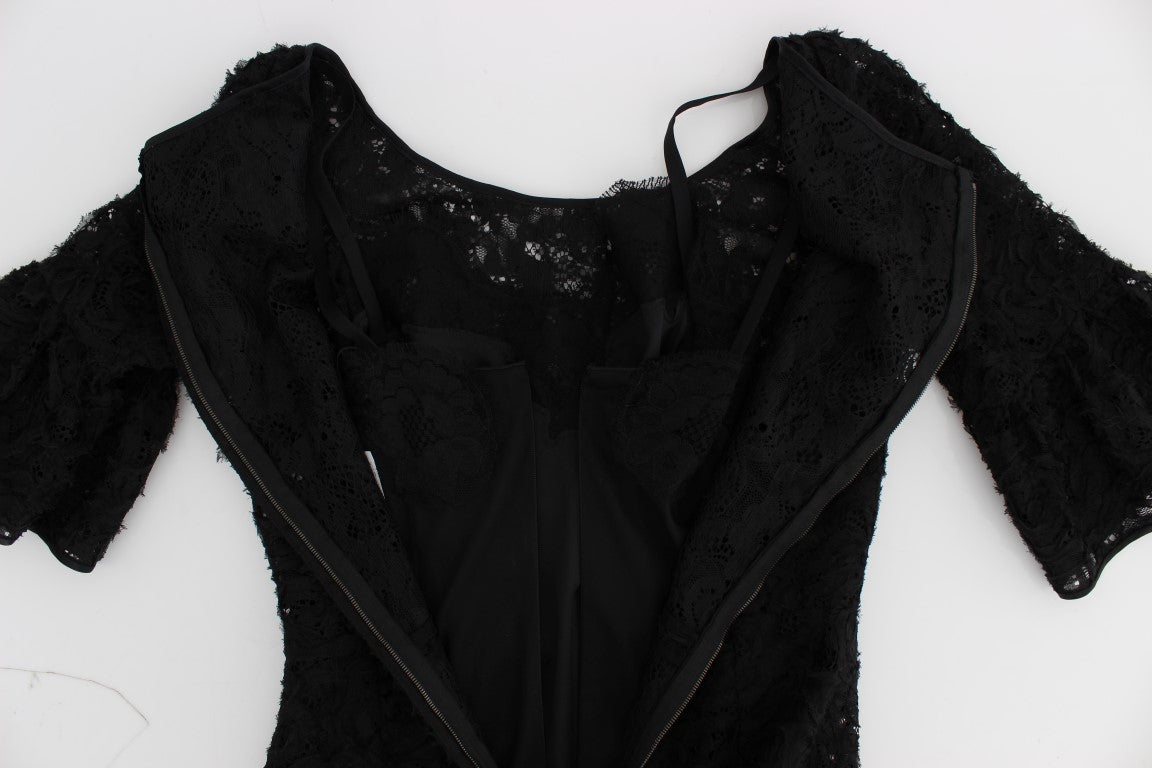 Dolce & Gabbana – Langes, figurbetontes Maxikleid aus geblümter Spitze in Schwarz