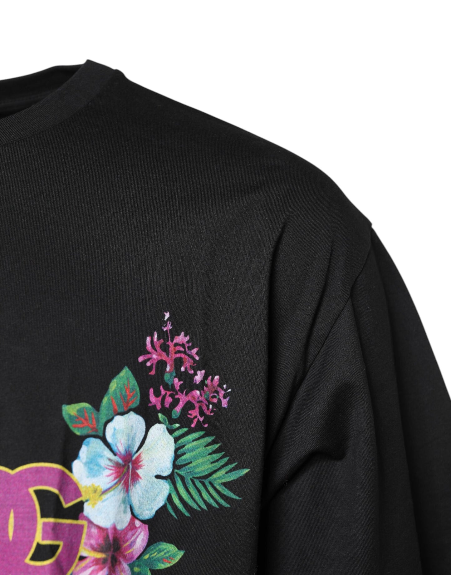 Dolce & Gabbana – Schwarzes T-Shirt mit Rundhalsausschnitt und Blumenmuster aus Baumwolle mit DG-Print
