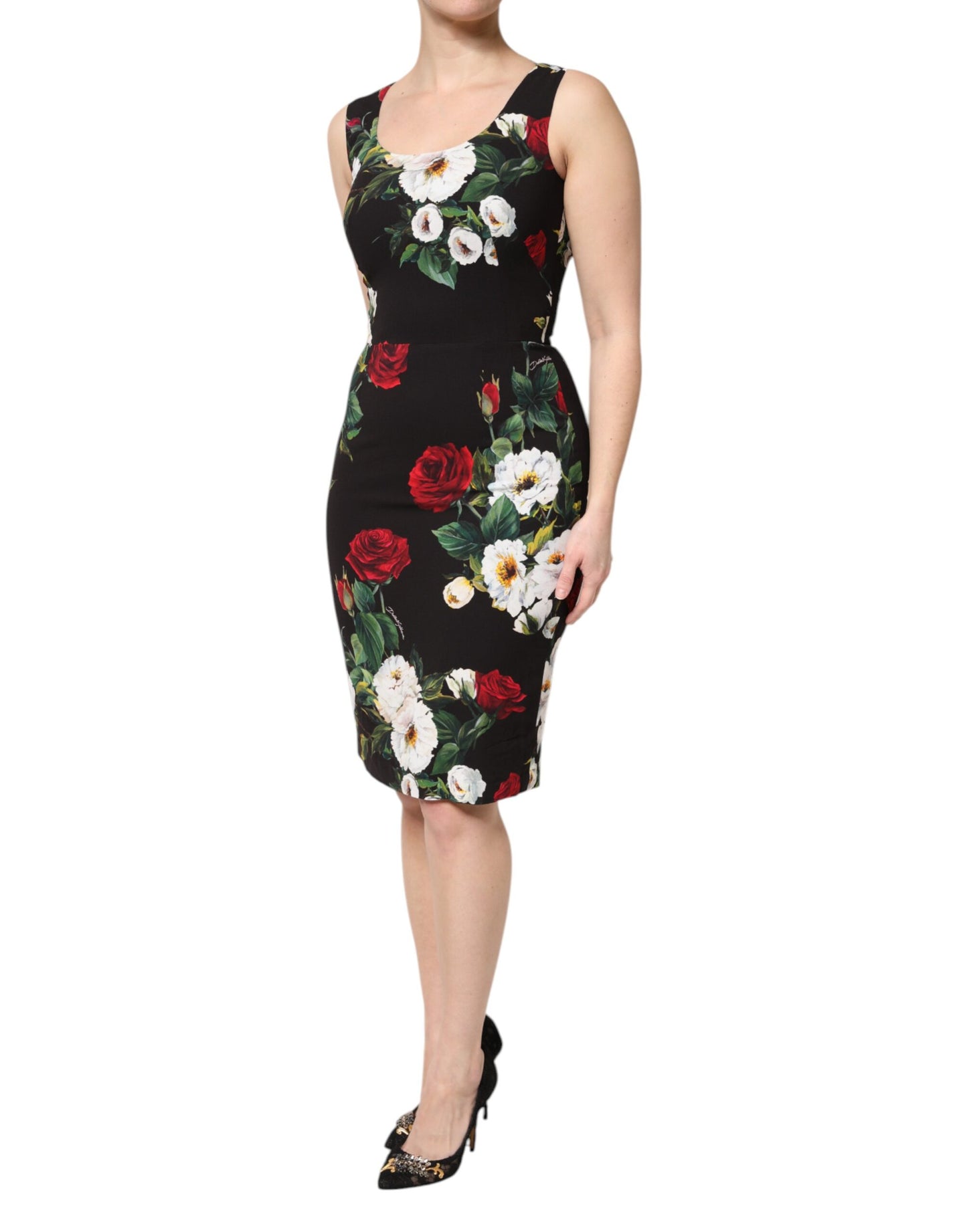 Dolce & Gabbana – Schwarzes, ärmelloses Etuikleid mit Blumenmuster