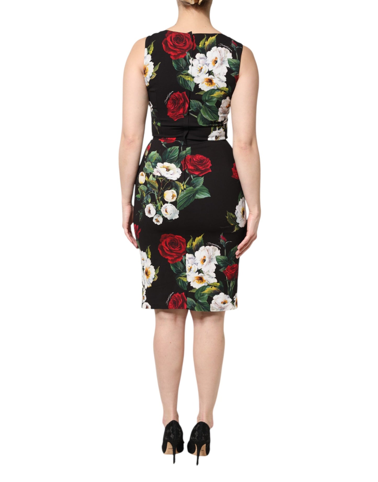 Dolce & Gabbana – Schwarzes, ärmelloses Etuikleid mit Blumenmuster