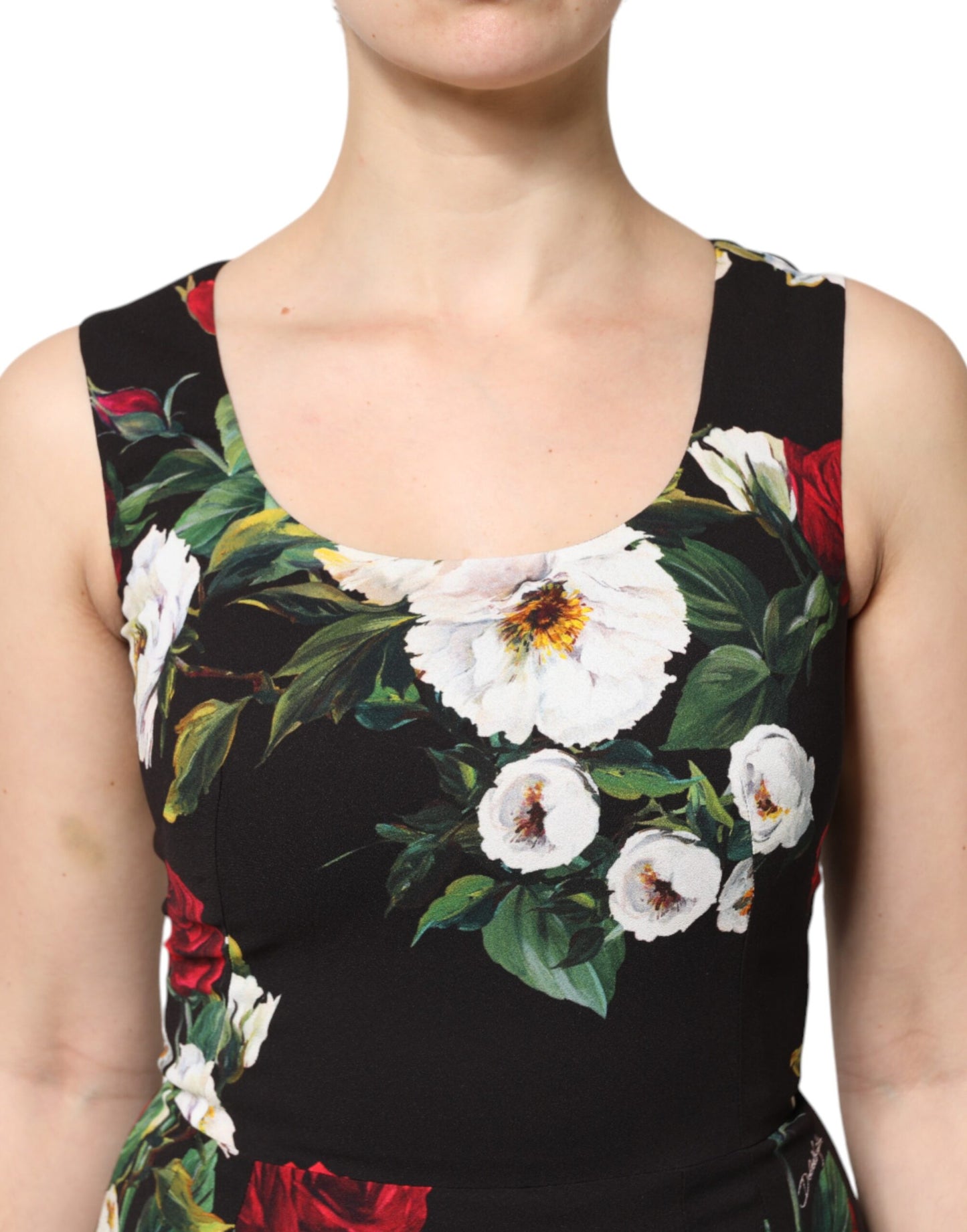 Dolce & Gabbana – Schwarzes, ärmelloses Etuikleid mit Blumenmuster