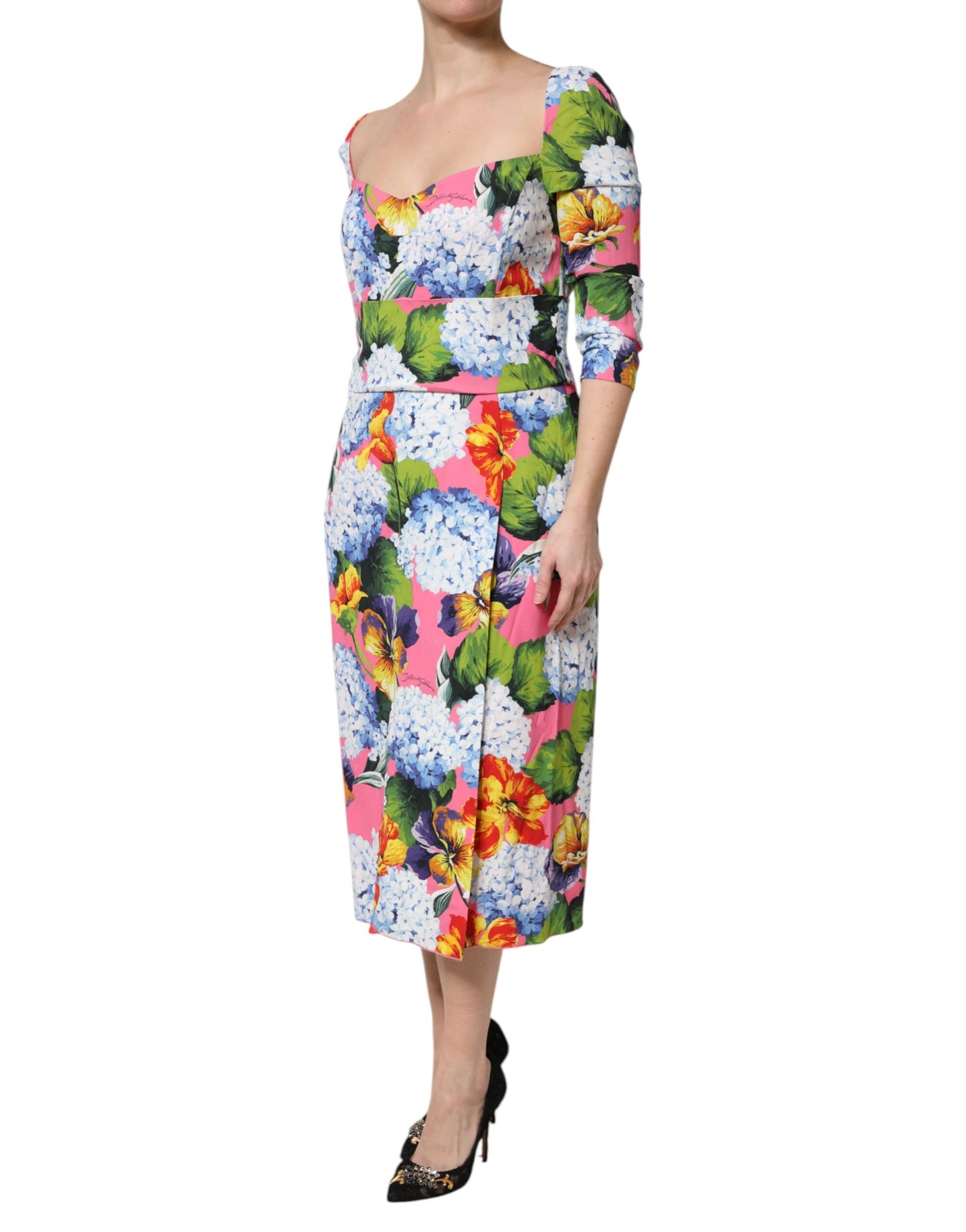 Dolce & Gabbana – Mehrfarbiges, plissiertes Etui-Midikleid mit Blumenmuster